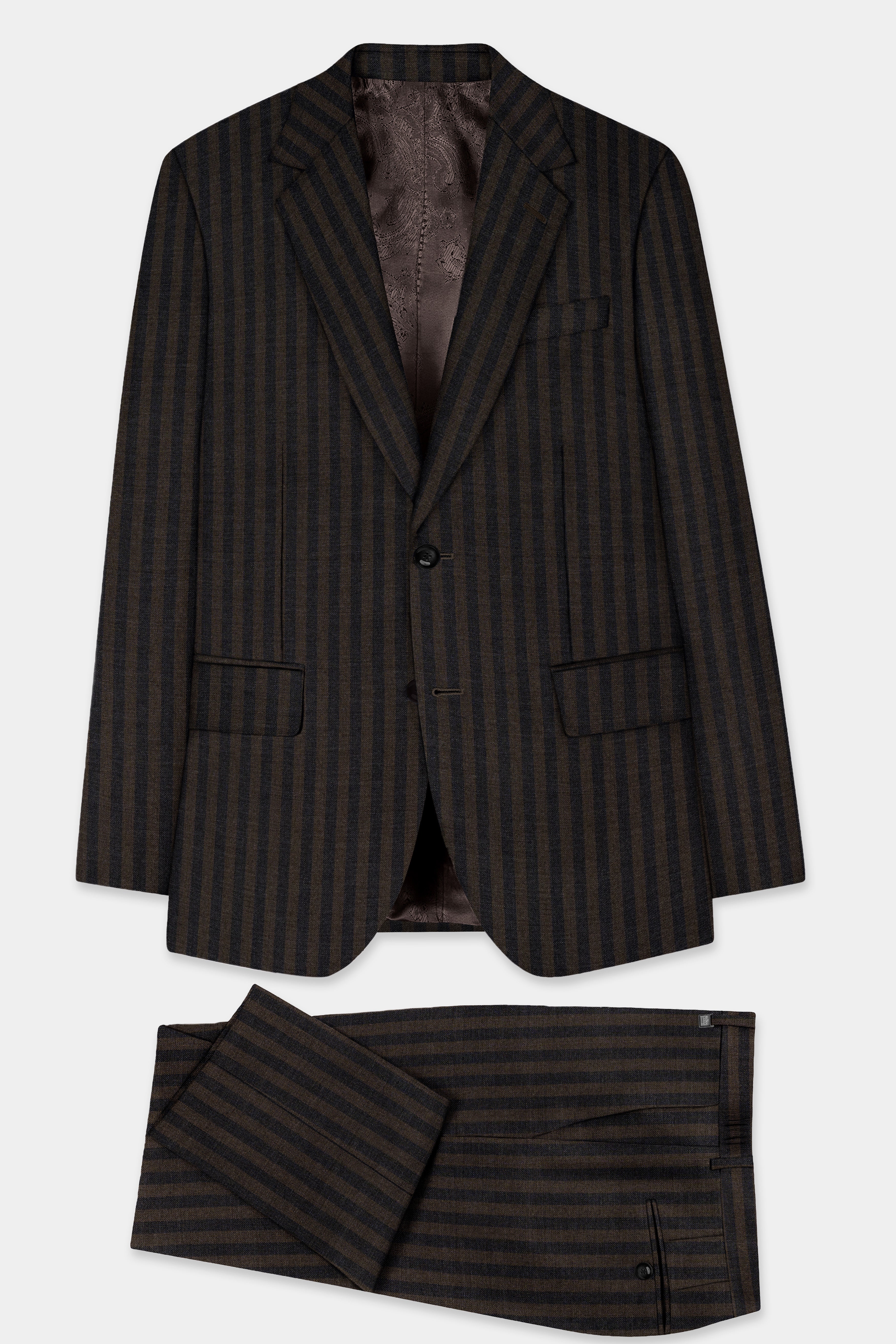 Taupe Brown With Jade Black Striped Wool Blend Suit