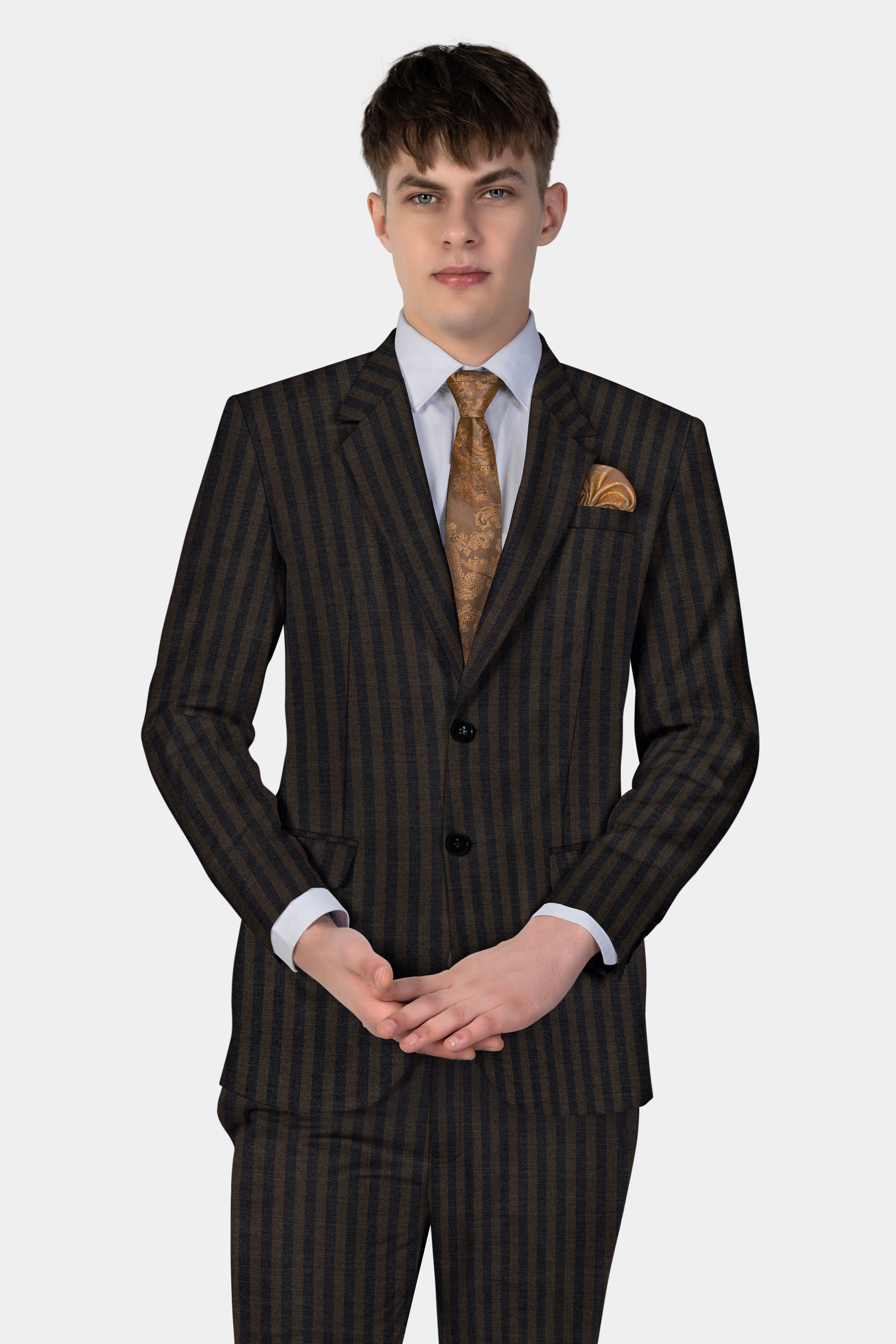 Taupe Brown With Jade Black Striped Wool Blend Suit