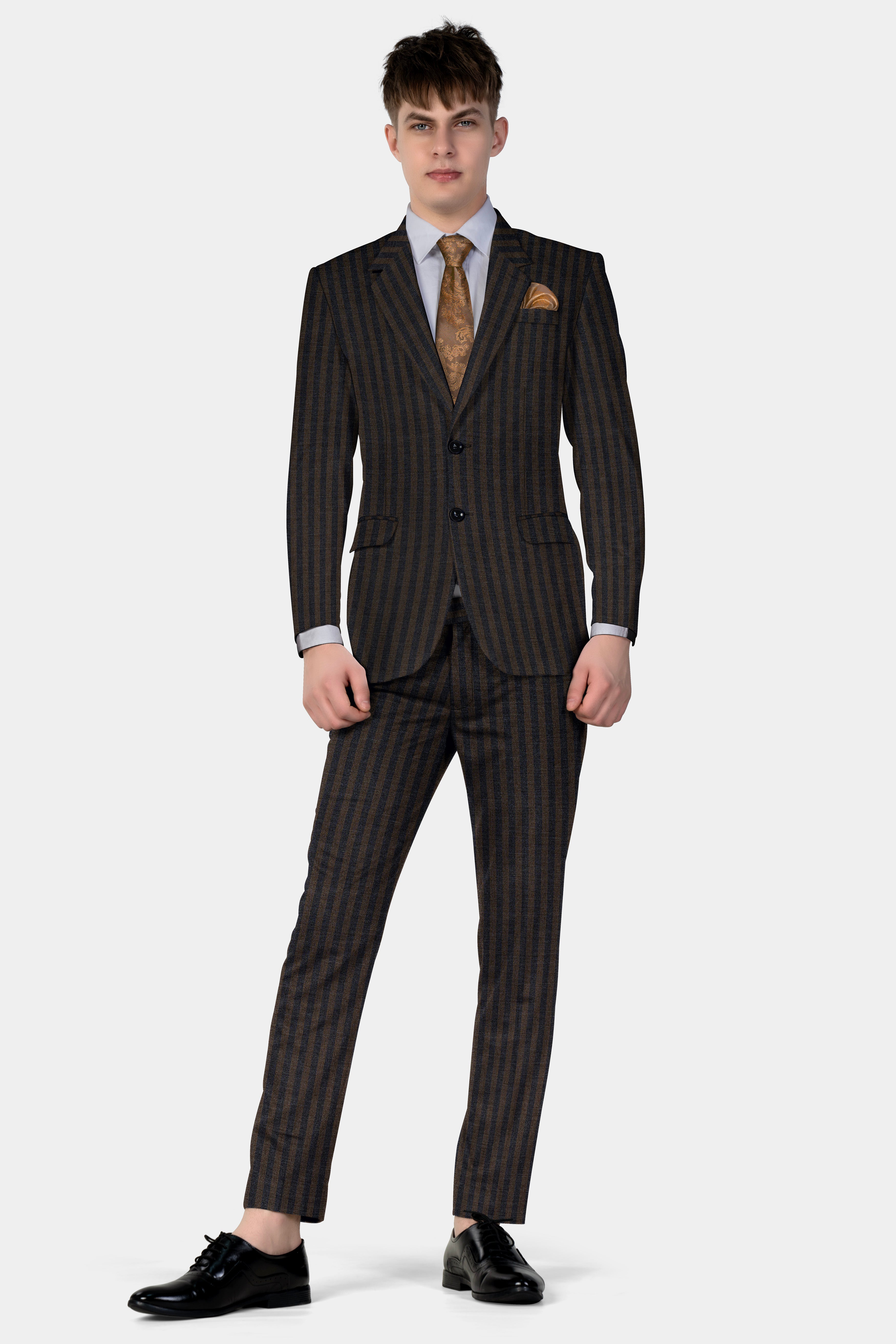 Taupe Brown With Jade Black Striped Wool Blend Suit