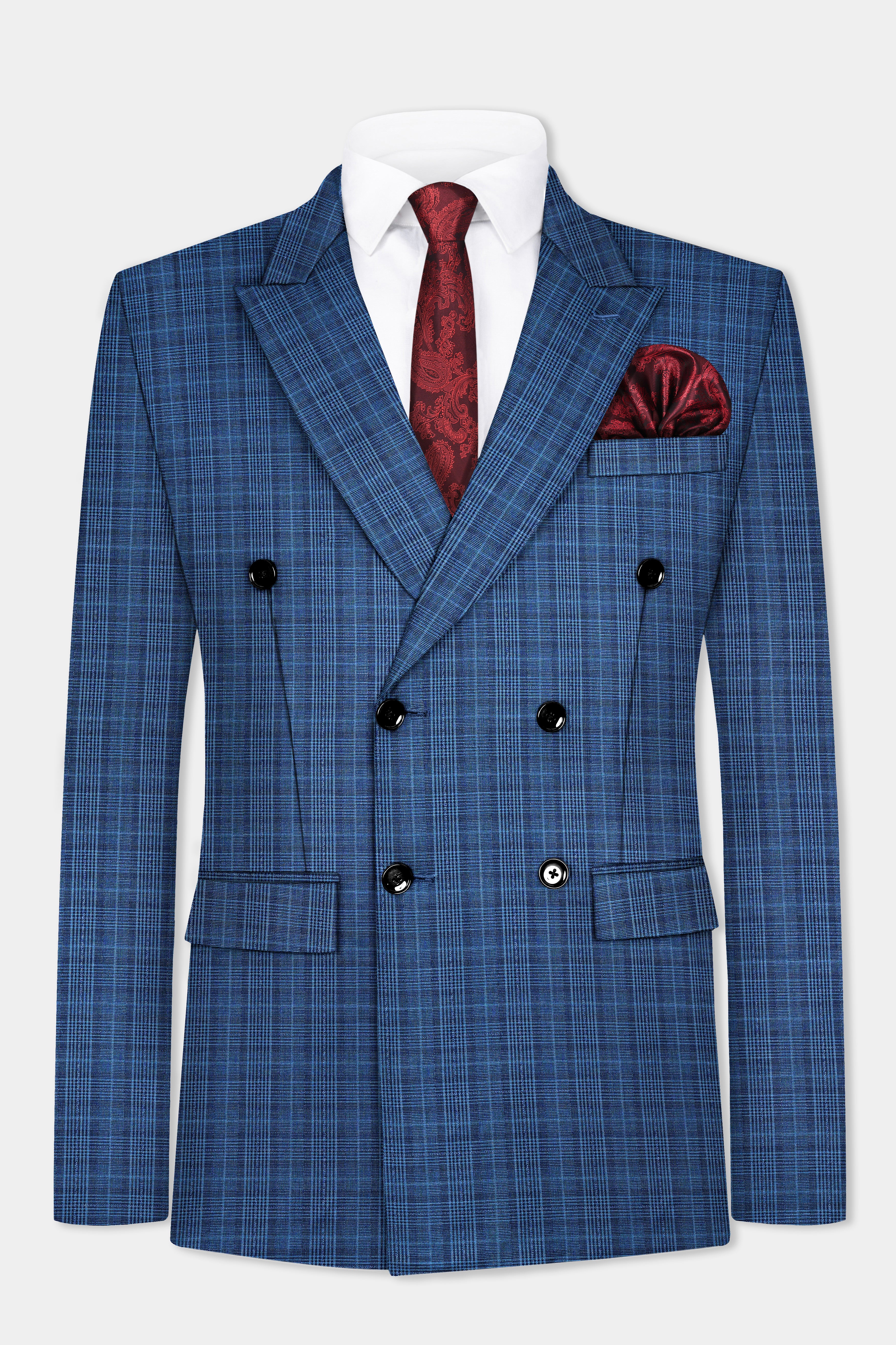 Mid Blue Plaid Double Breasted Suit