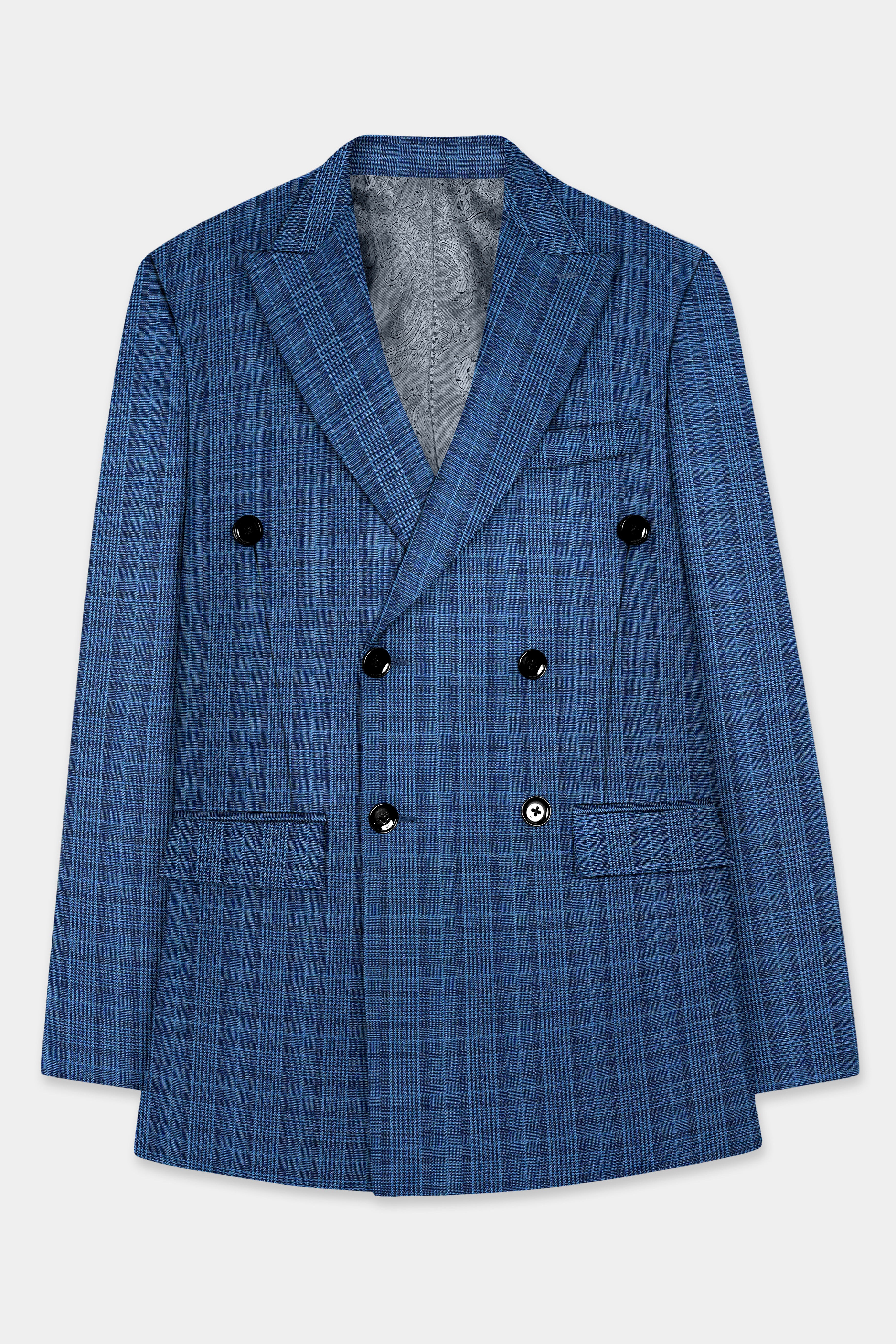 Mid Blue Plaid Double Breasted Suit