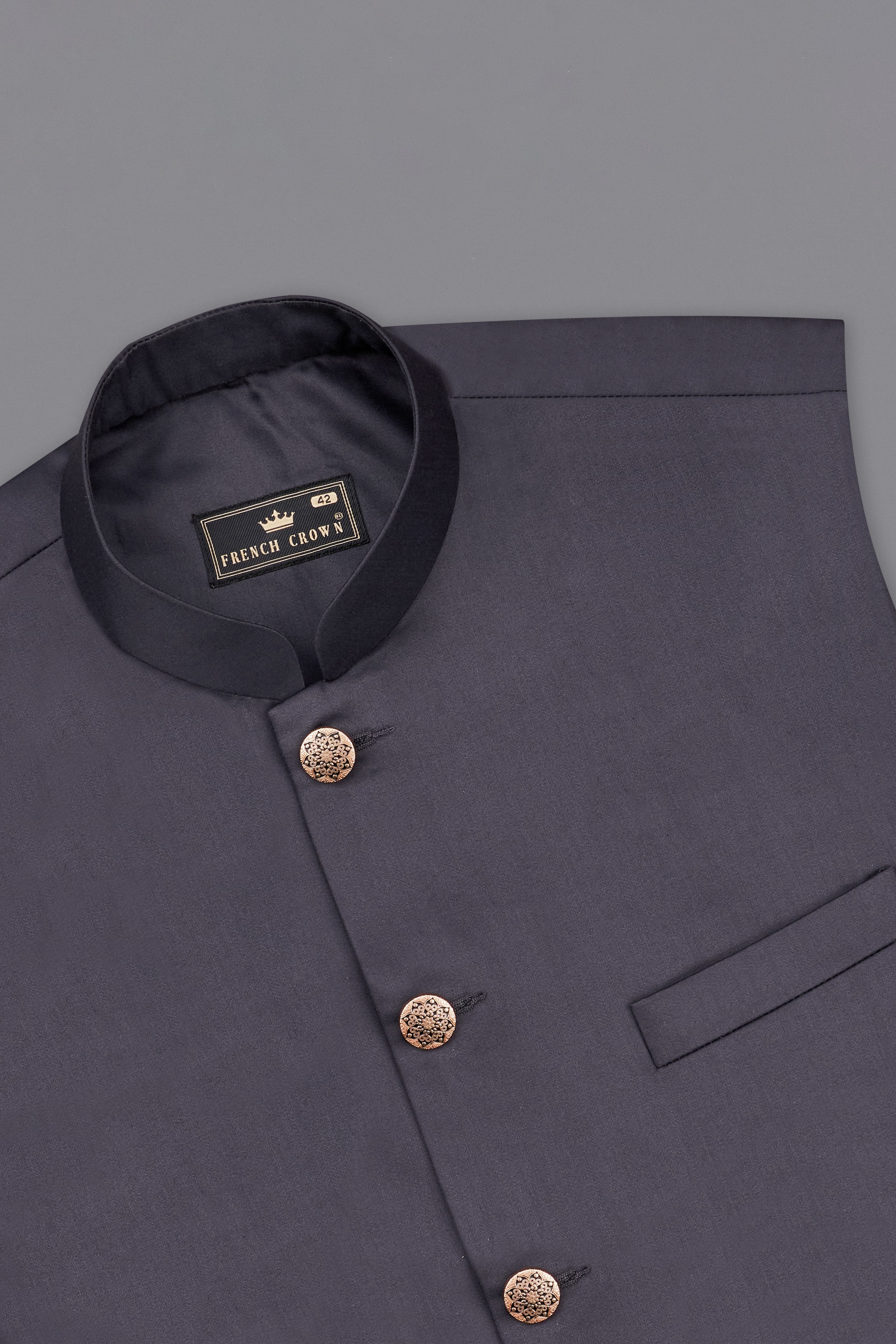 Mid Grey Subtle Sheen Cross Placket Wool Blend Bandhgala/Mandarin Suit