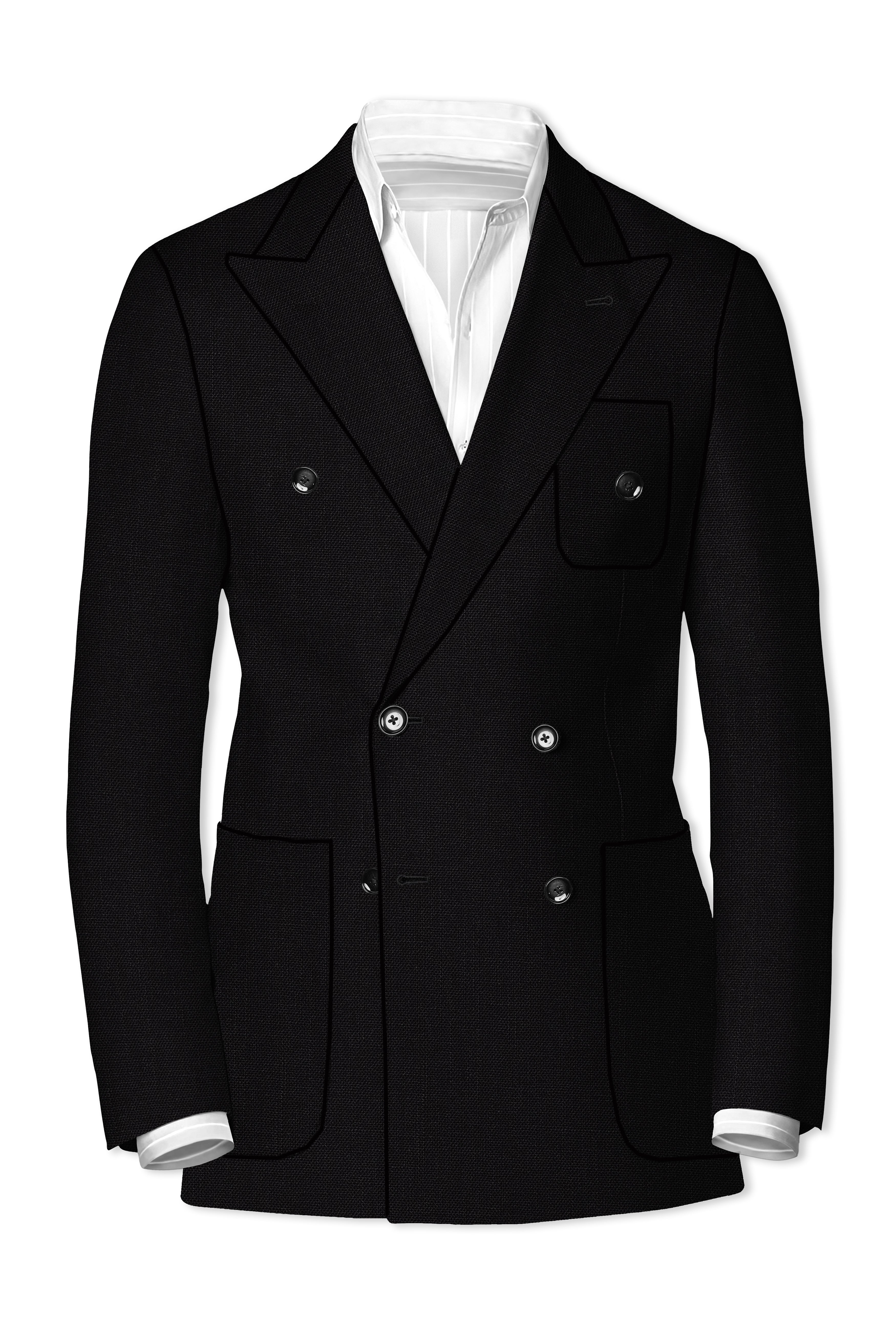 Jet Black Plain-Solid Double Breasted Premium Linen Suits For Men
