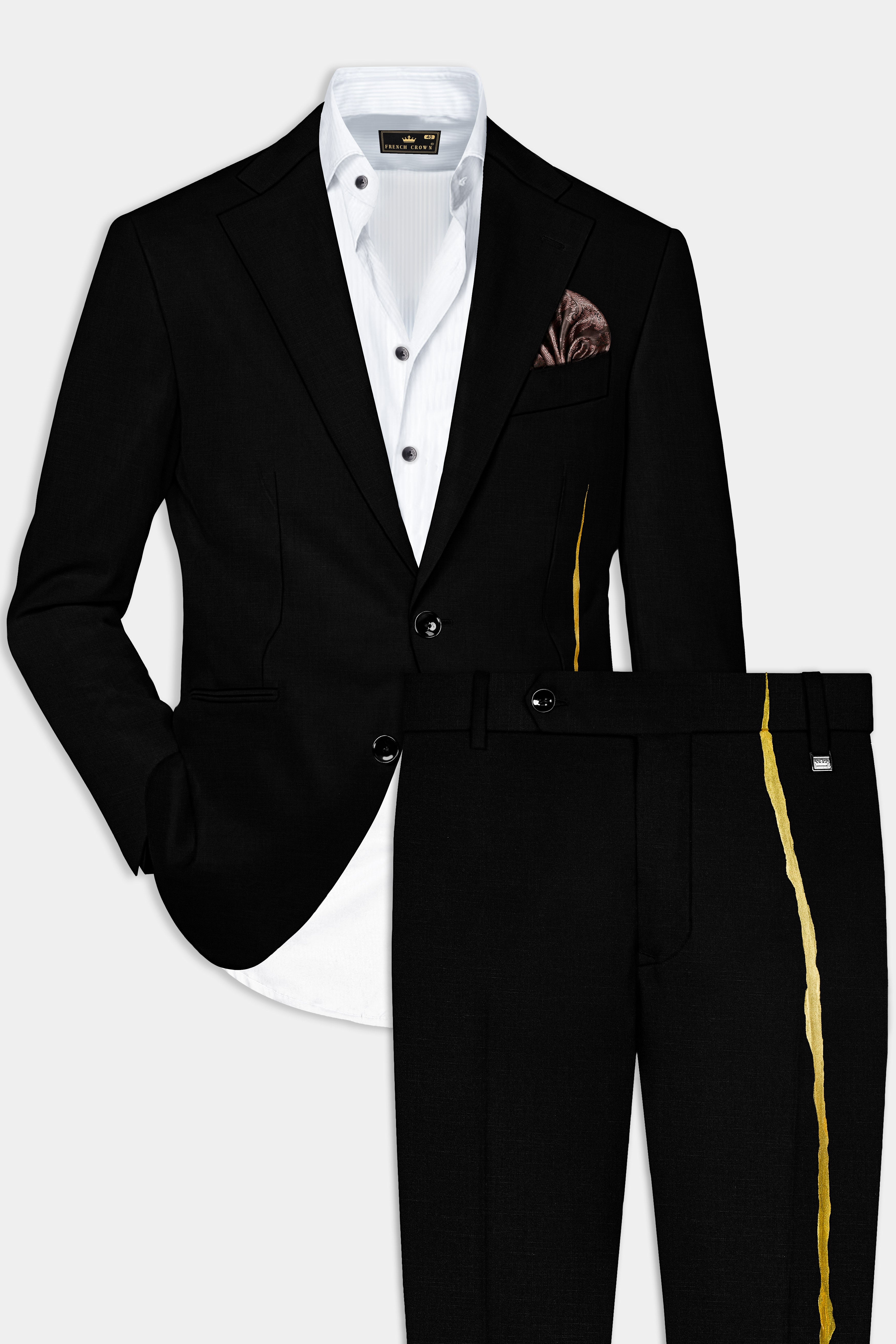 Jade Black Stretchable Wool Rich Hand Painted Designer Suit