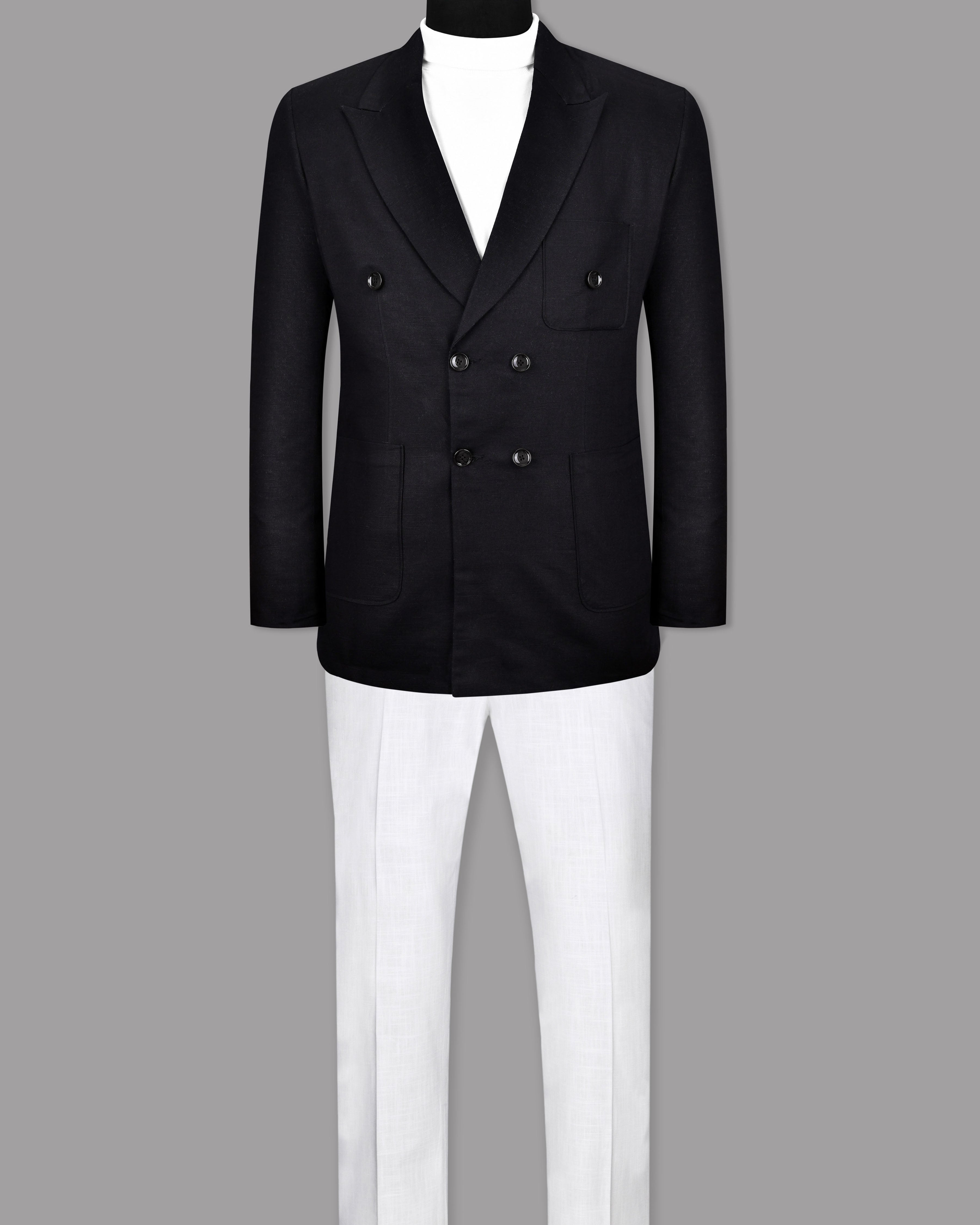 Jade Black Luxurious Linen Double-Breasted Sports Suit