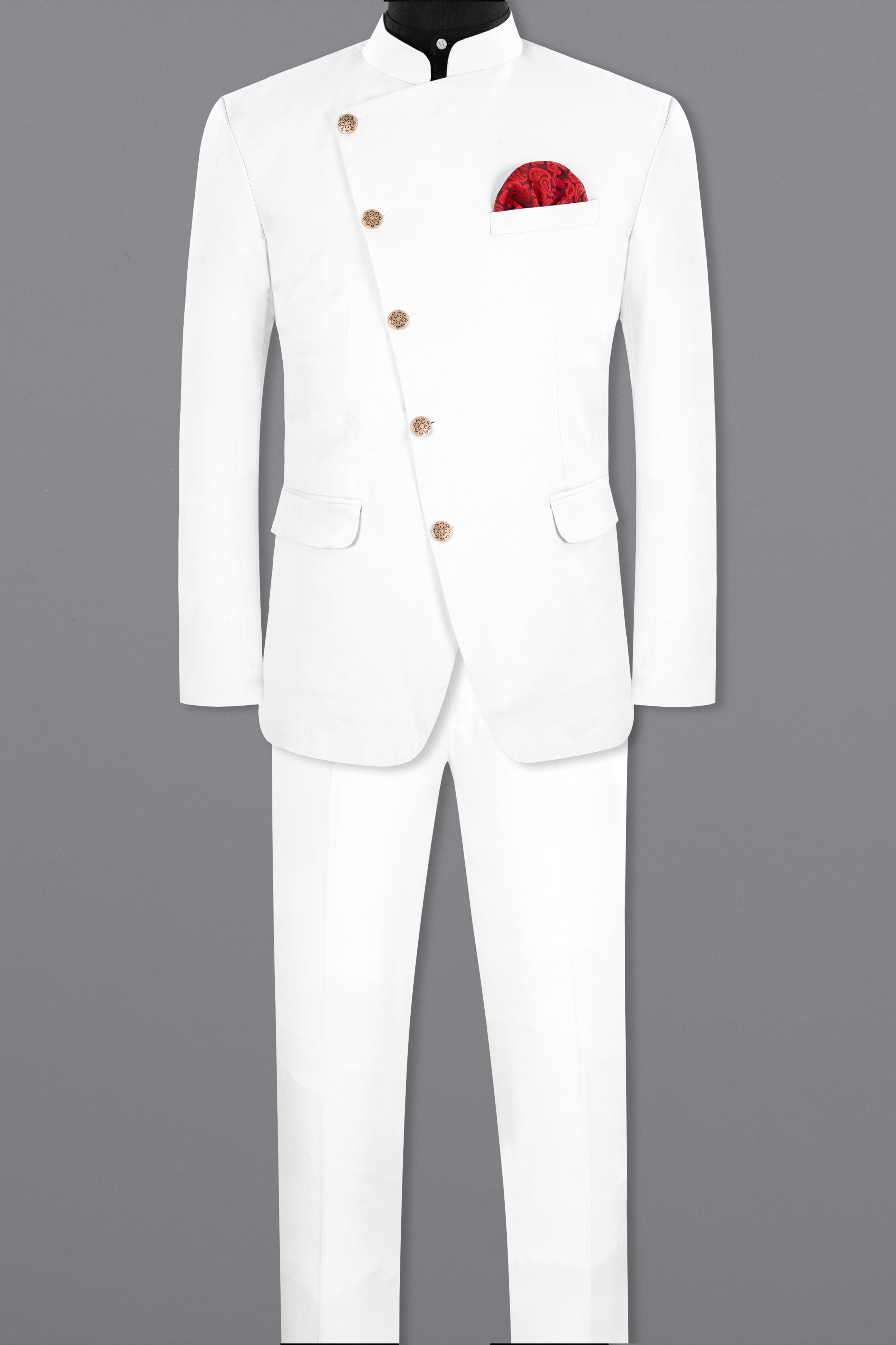 Bright White Subtle Sheen Cross Placket Bandhgala/Mandarin Suit