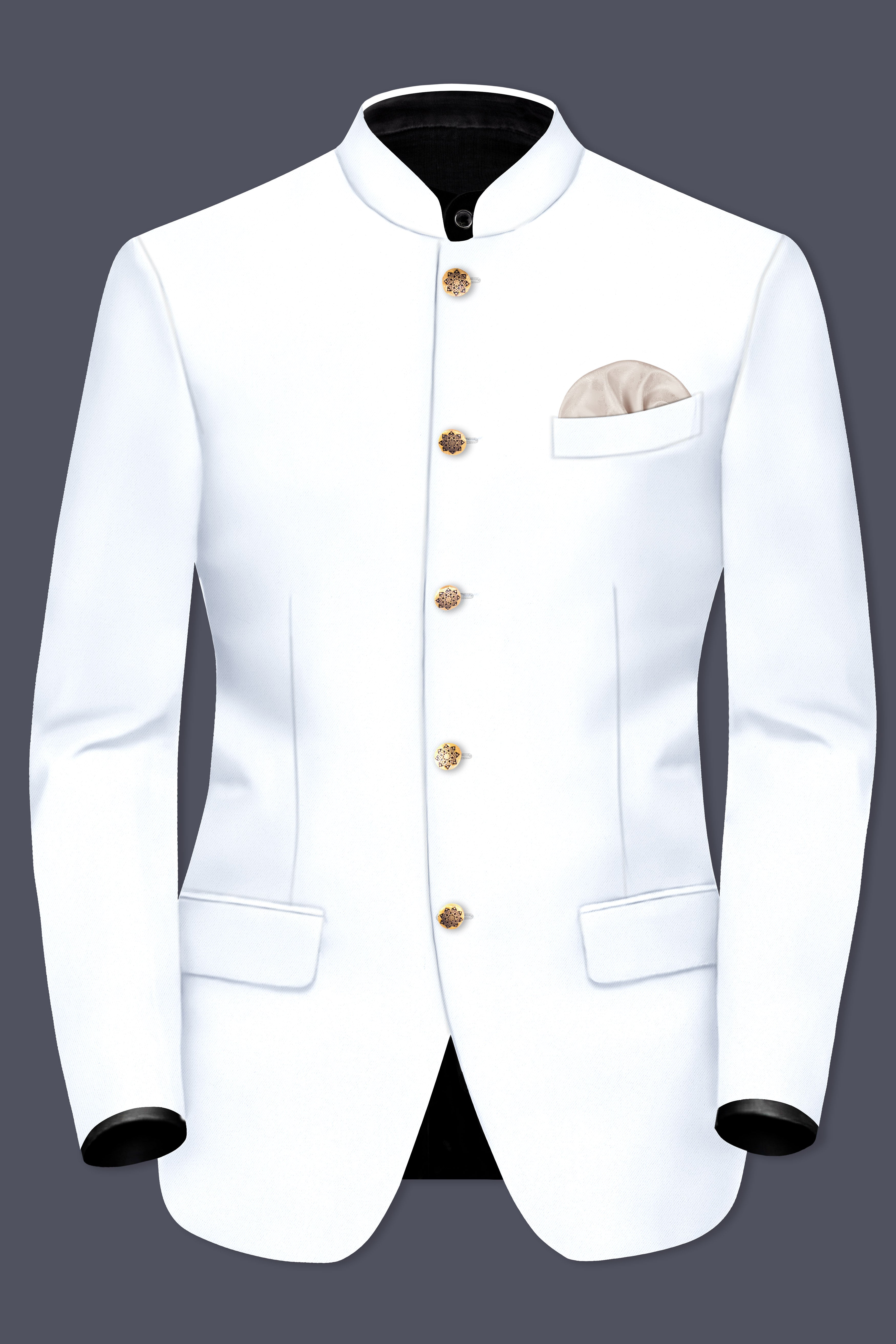 Bright White Stretchable Subtle Sheen Bandhgala/Mandarin Suit