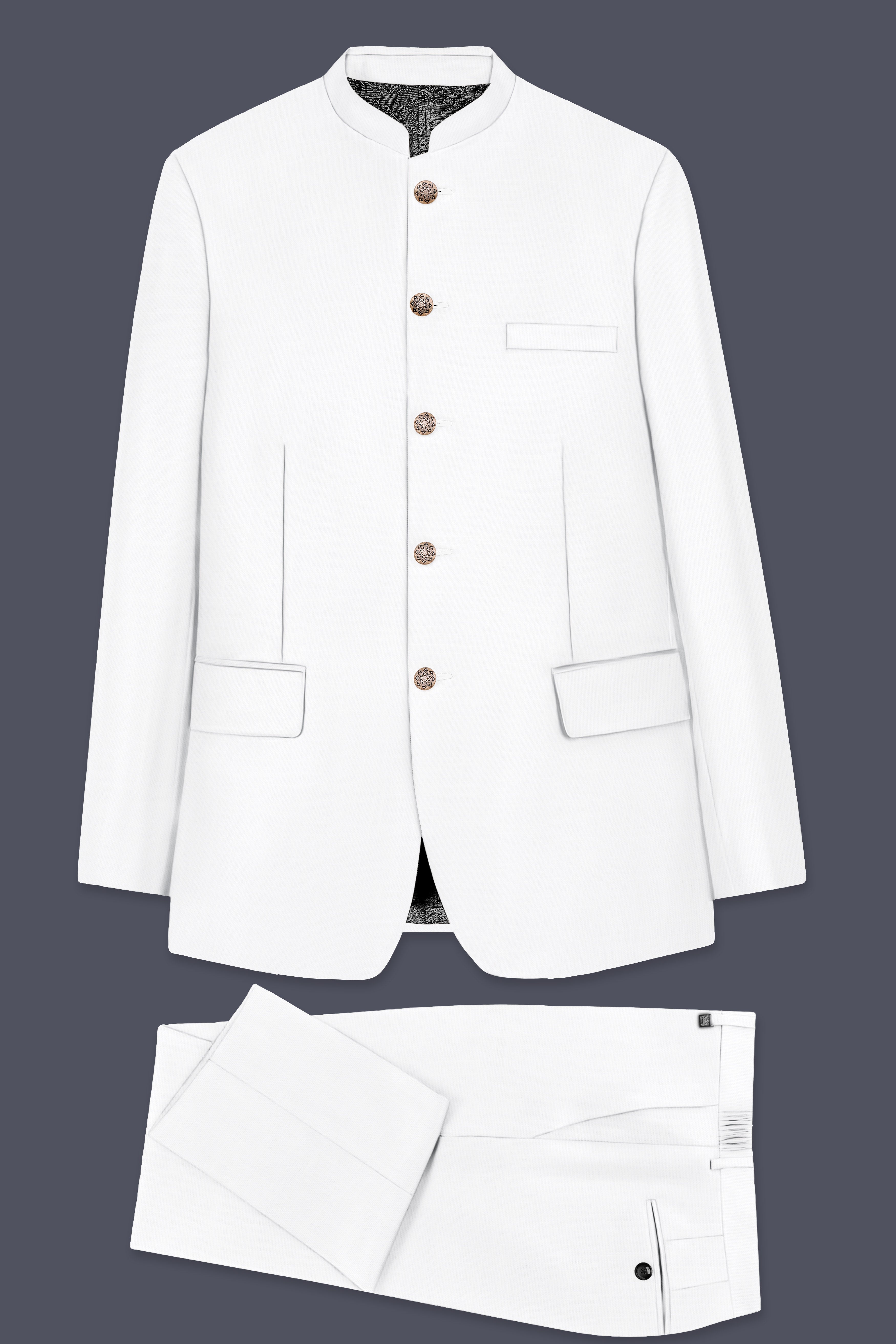 BRIGHT WHITE LUXURIOUS LINEN BANDHGALA/MANDARIN PERFORMANCE SUIT