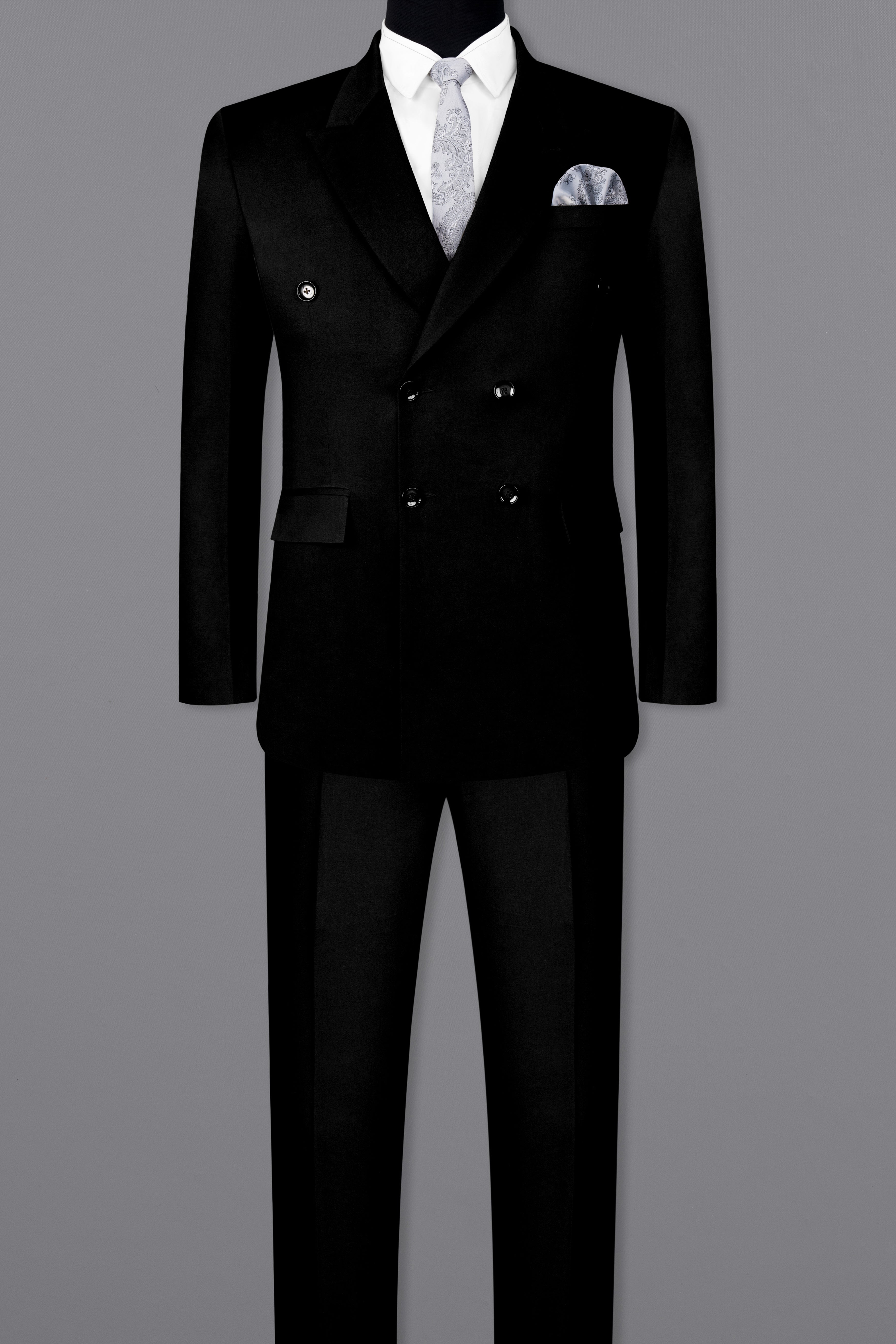 Jade Black Solid Stretchable Premium Cotton Double Breasted Traveler Suit