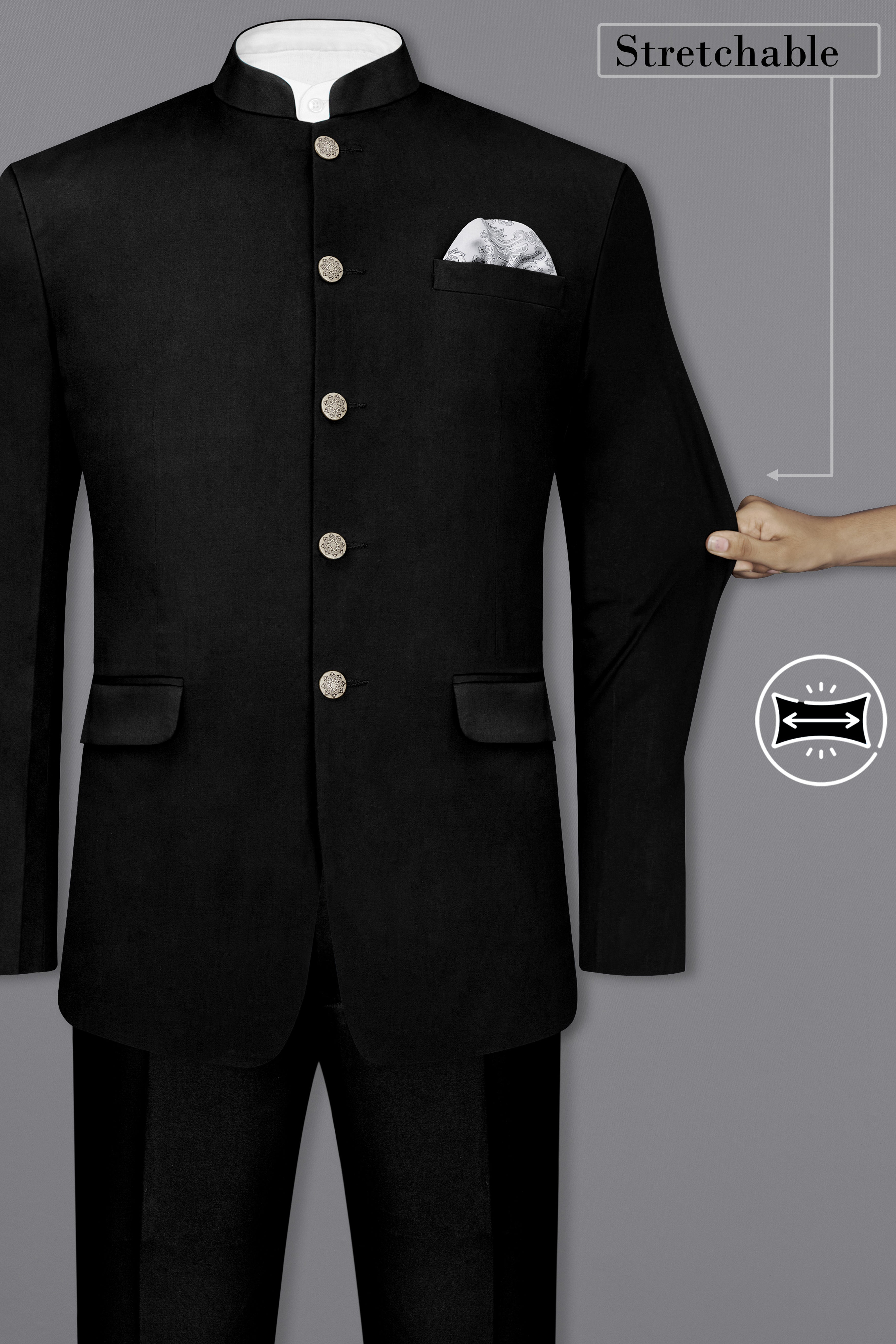 Jade Black Solid Premium Cotton Bandhgala Stretchable Traveler Suit