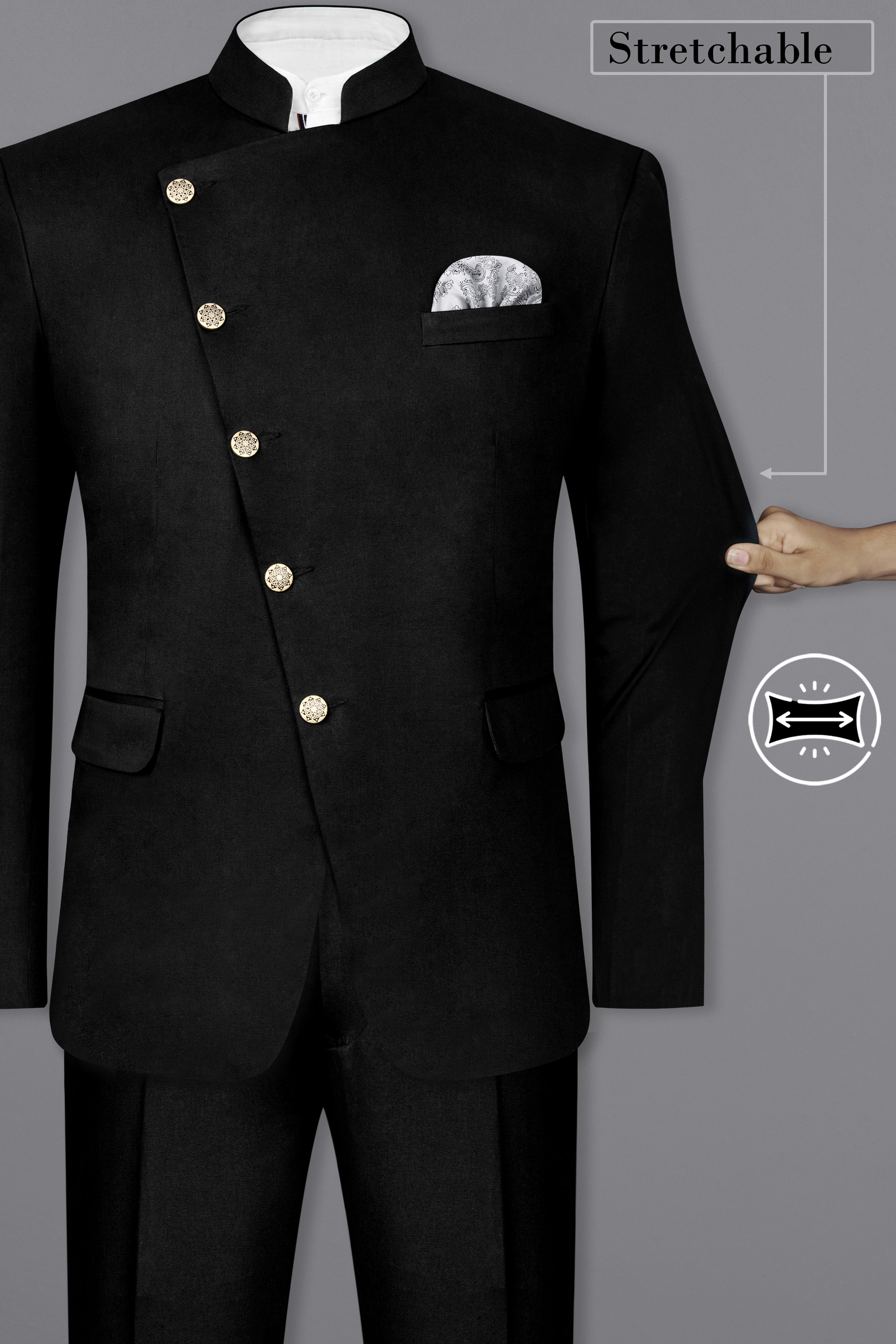Jade Black Cross Placket Stretchable Premium Cotton Bandhgala traveler Suit