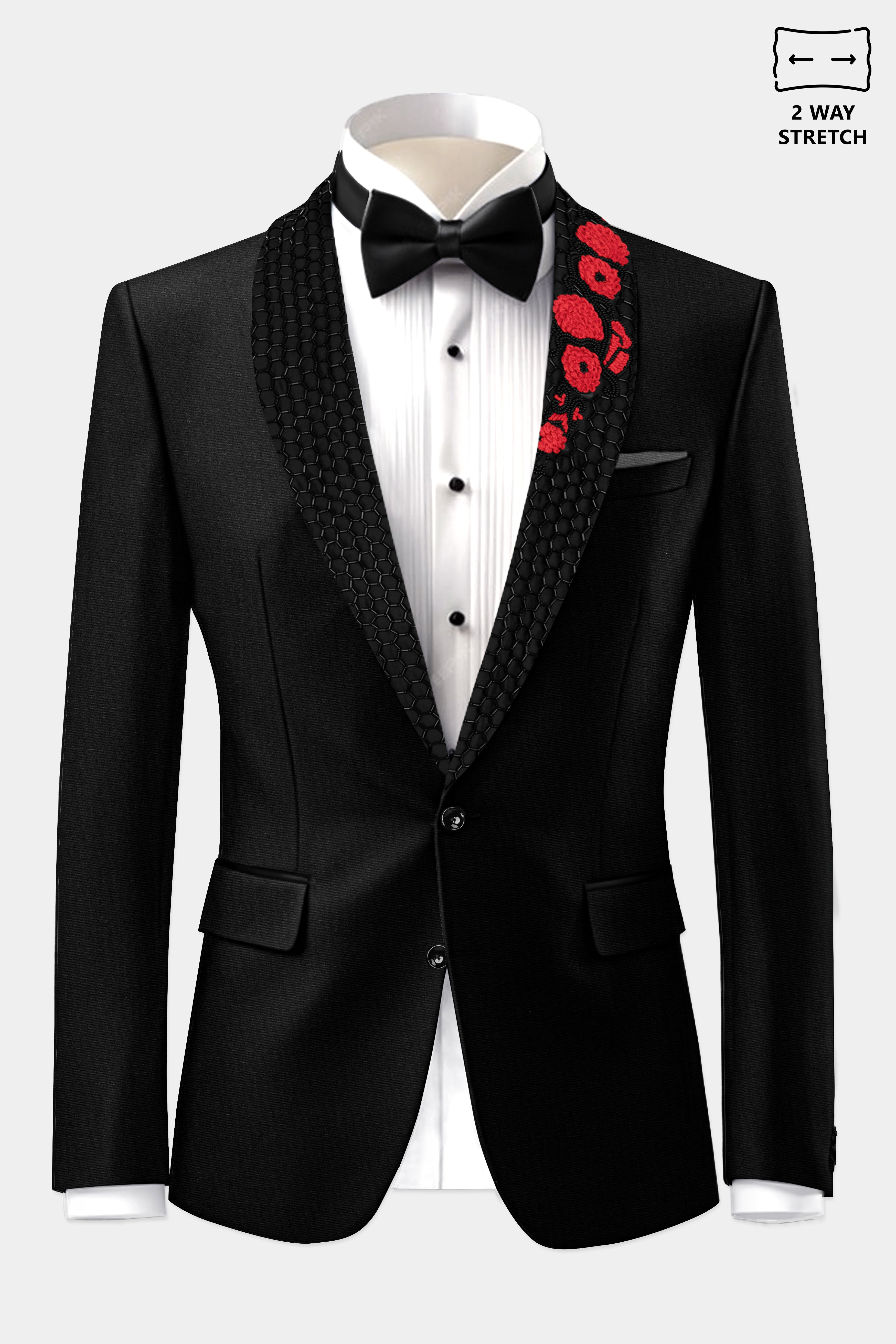 Jade Black Stretchable Subtle Sheen Wool Rich Handcrafted Designer Tuxedo Suit