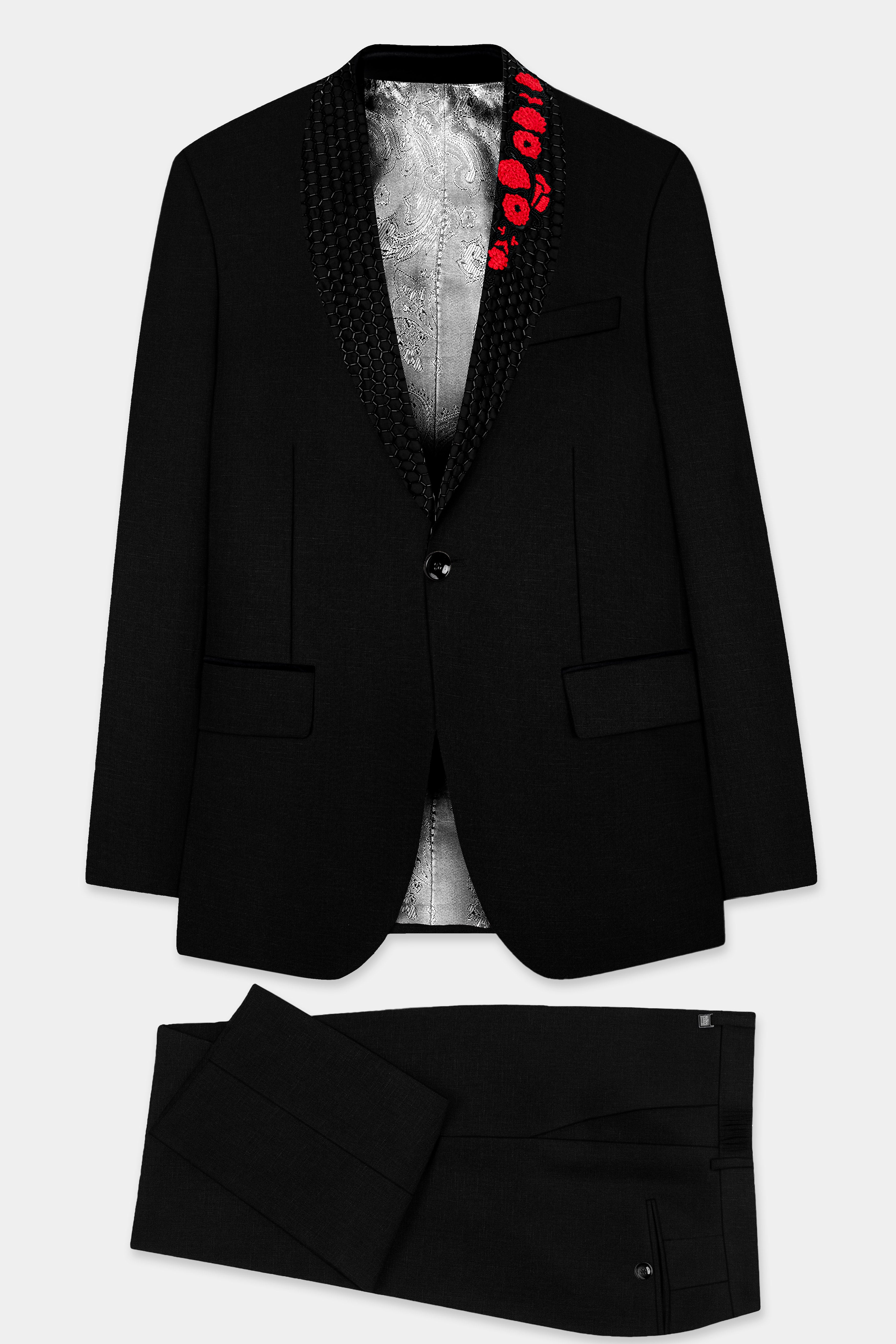 Jade Black Stretchable Subtle Sheen Wool Rich Handcrafted Designer Tuxedo Suit