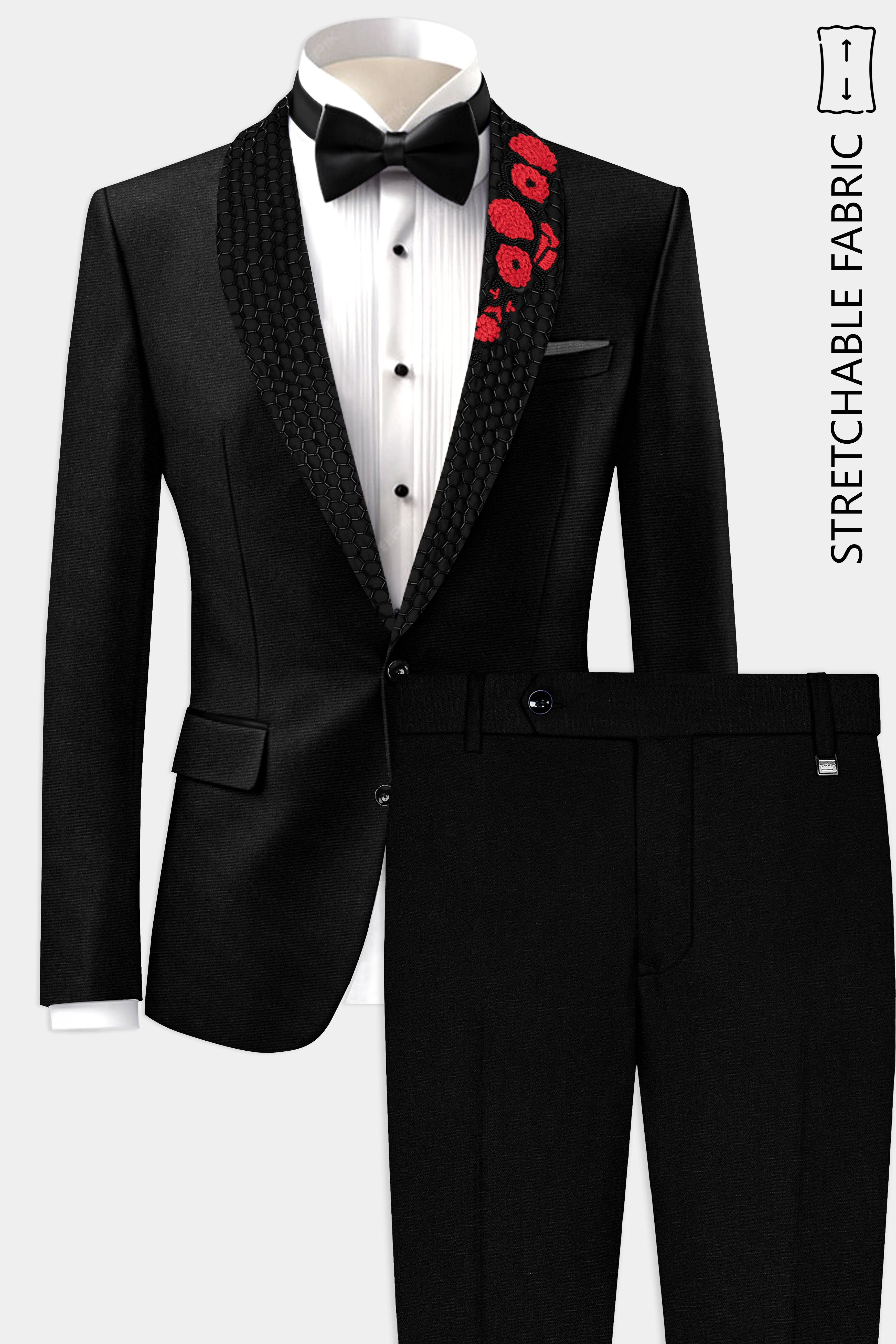 Jade Black Stretchable Subtle Sheen Wool Rich Handcrafted Designer Tuxedo Suit