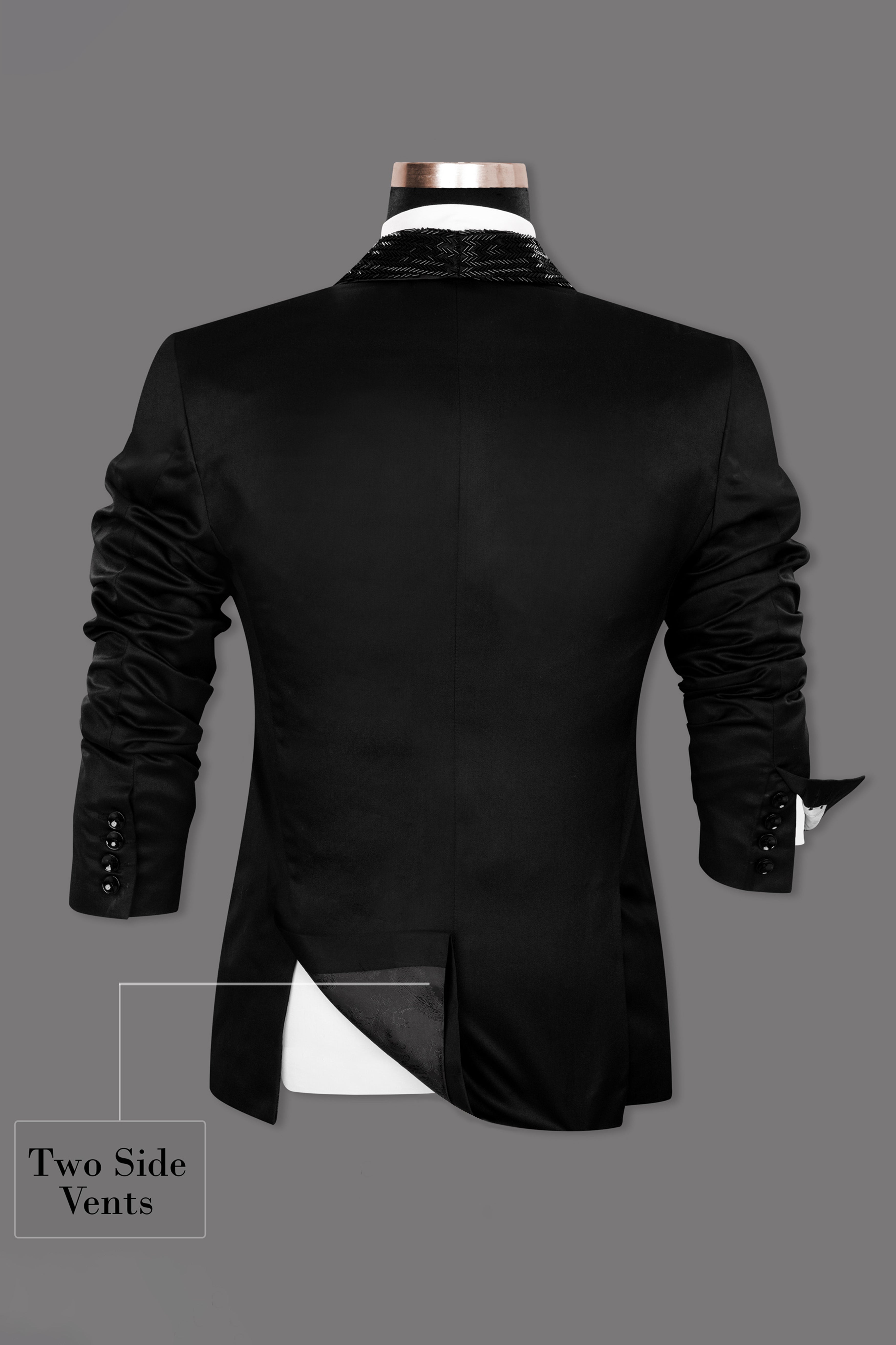 Jade Black Stretchable Subtle Sheen Wool Rich Hand Crafted Designer Tuxedo Suit