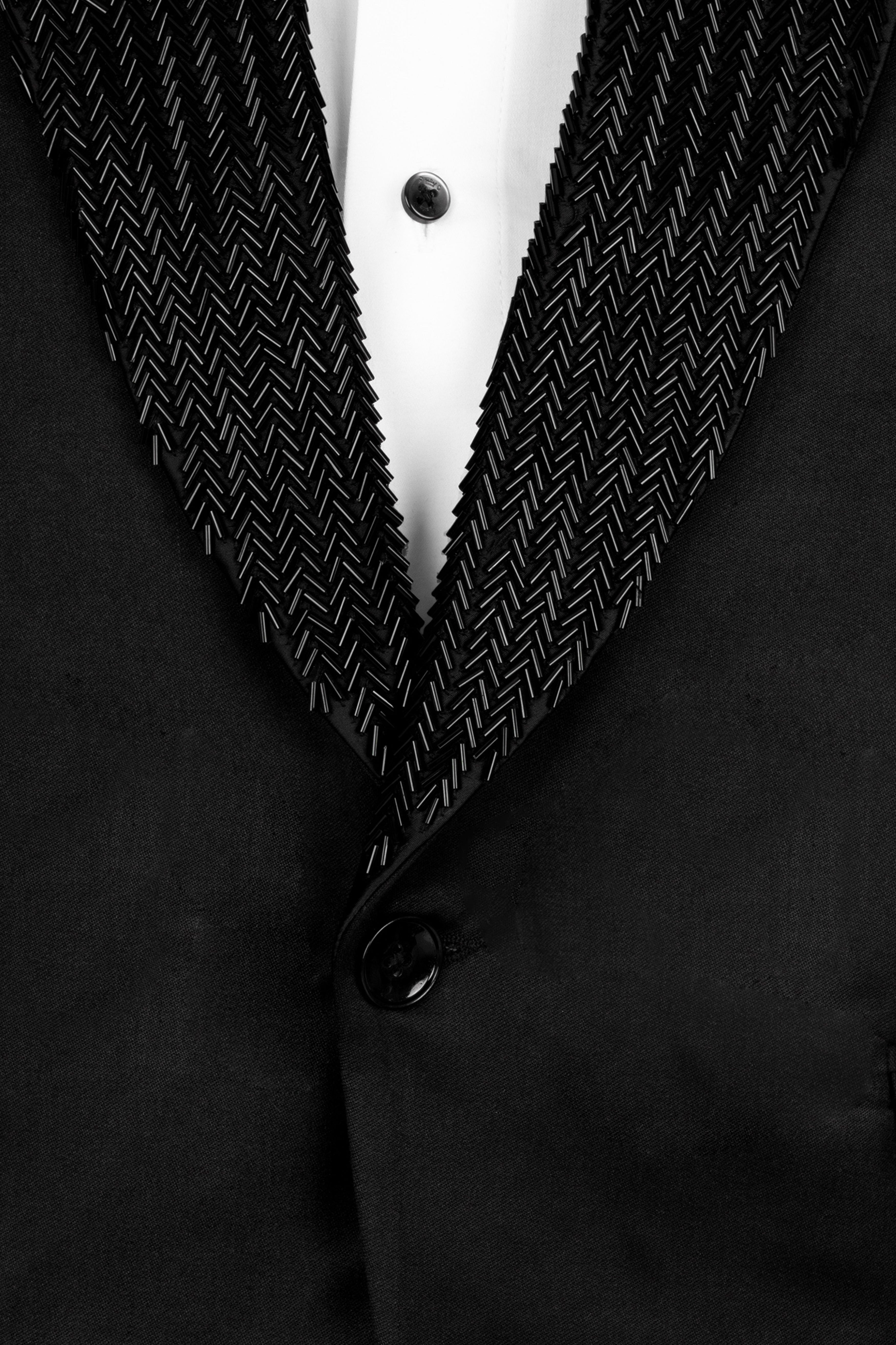 Jade Black Subtle Sheen Wool Rich Hand Crafted Designer Tuxedo Suit