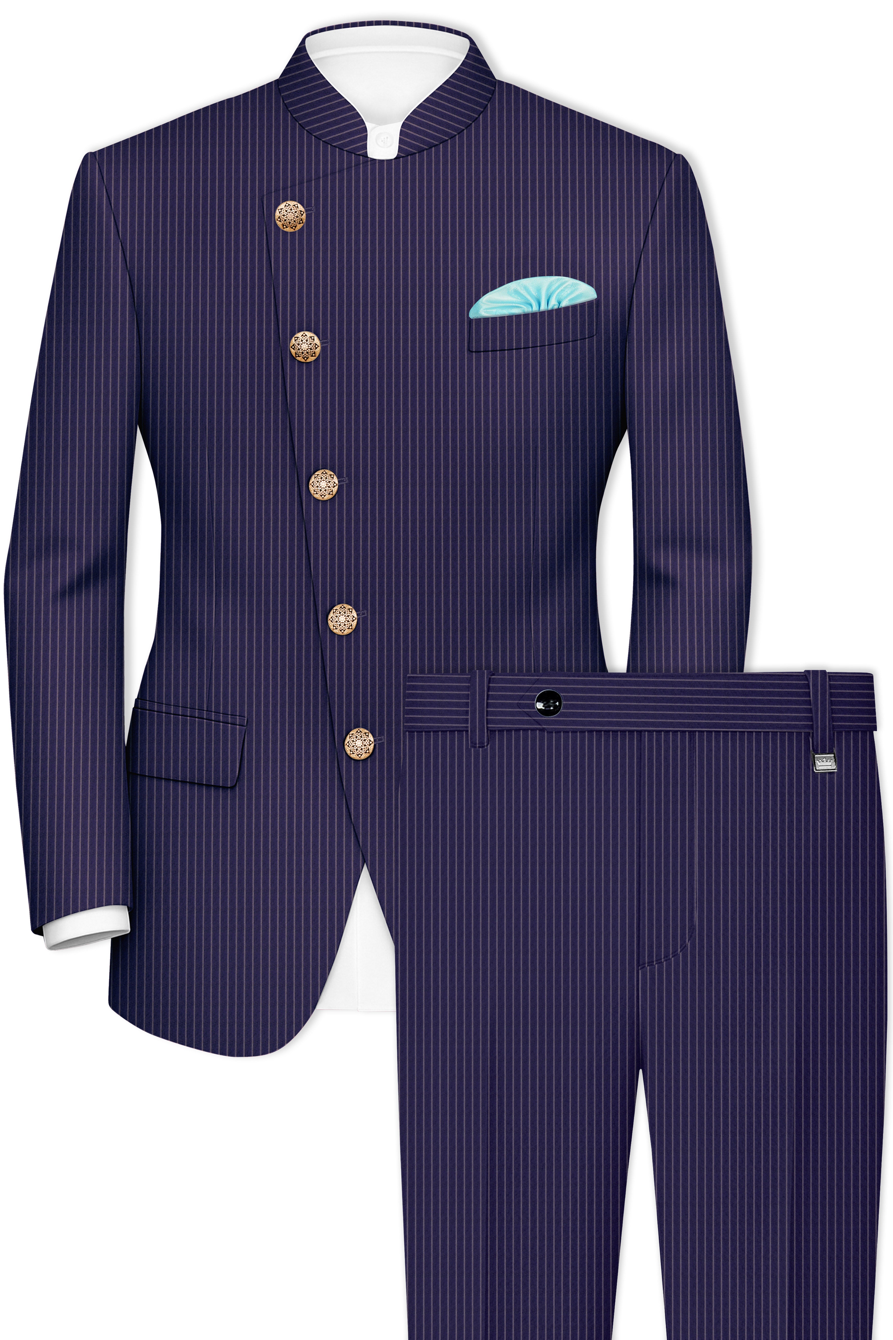 Martinique Blue with Prelude Striped Bandhgala/Mandarin Corduroy Premium Cotton Suit