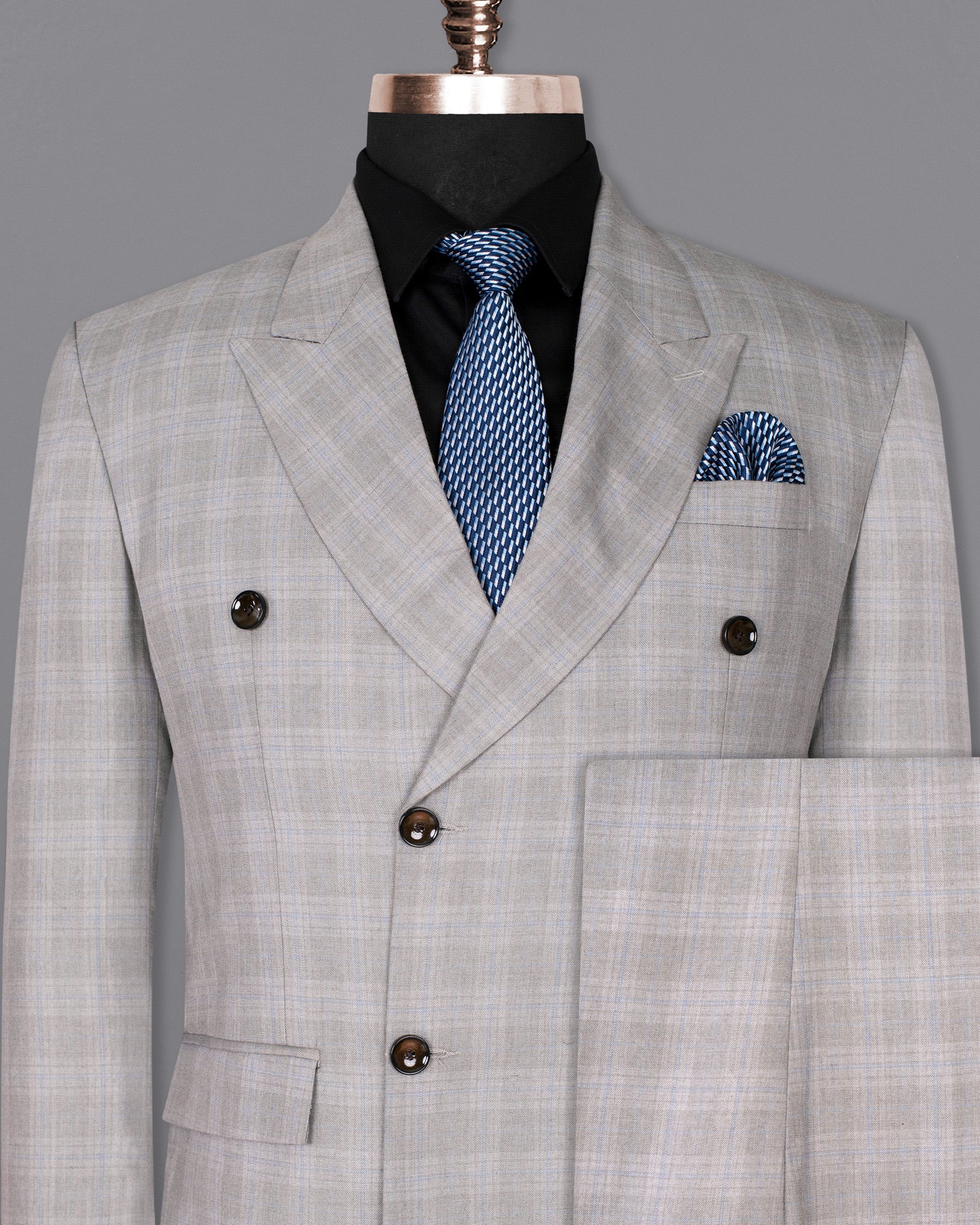 Nobel Grey Subtle Plaid Double-Breasted Wool Rich Suit