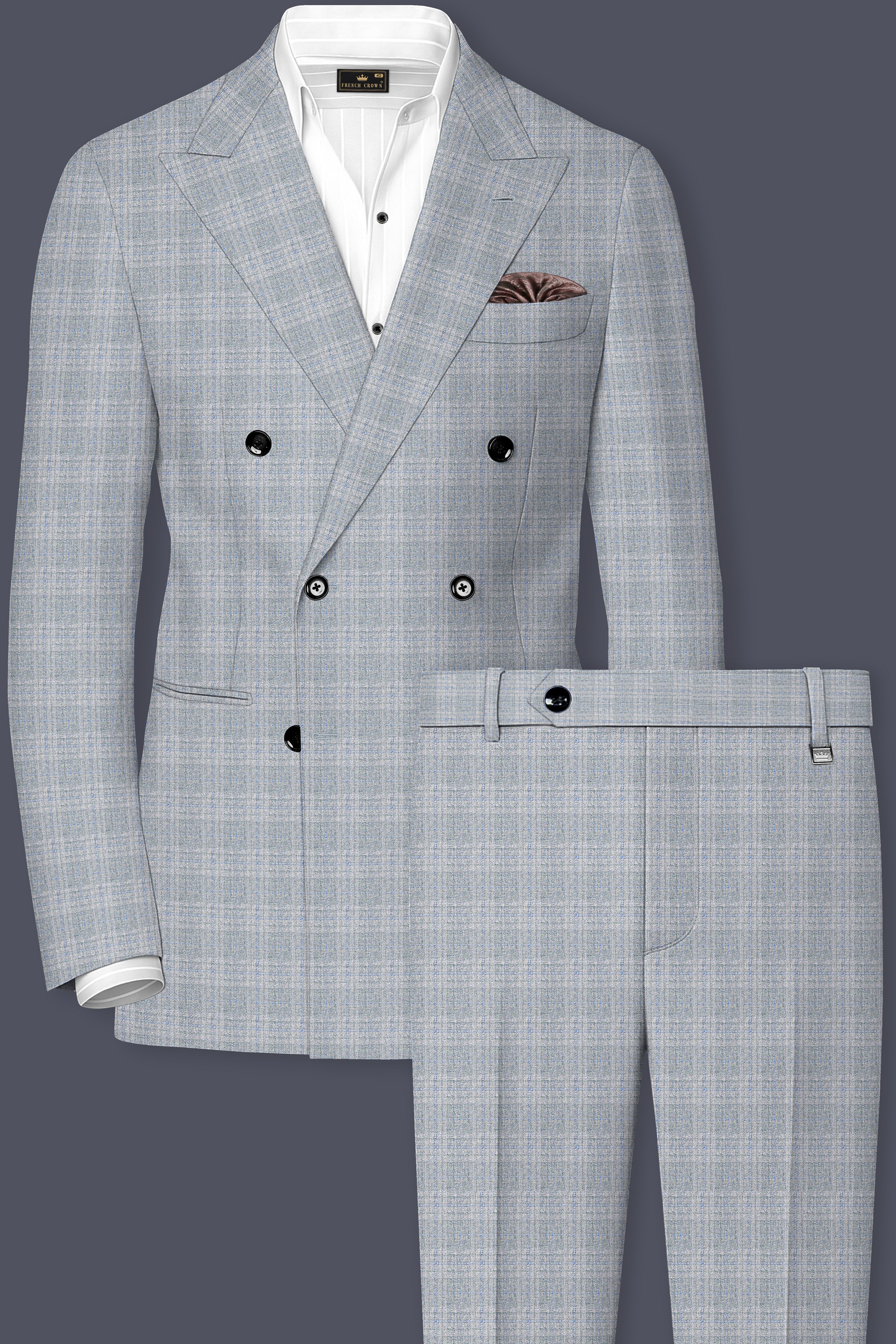 Nobel Grey Subtle Plaid Double-Breasted Wool Rich Suit