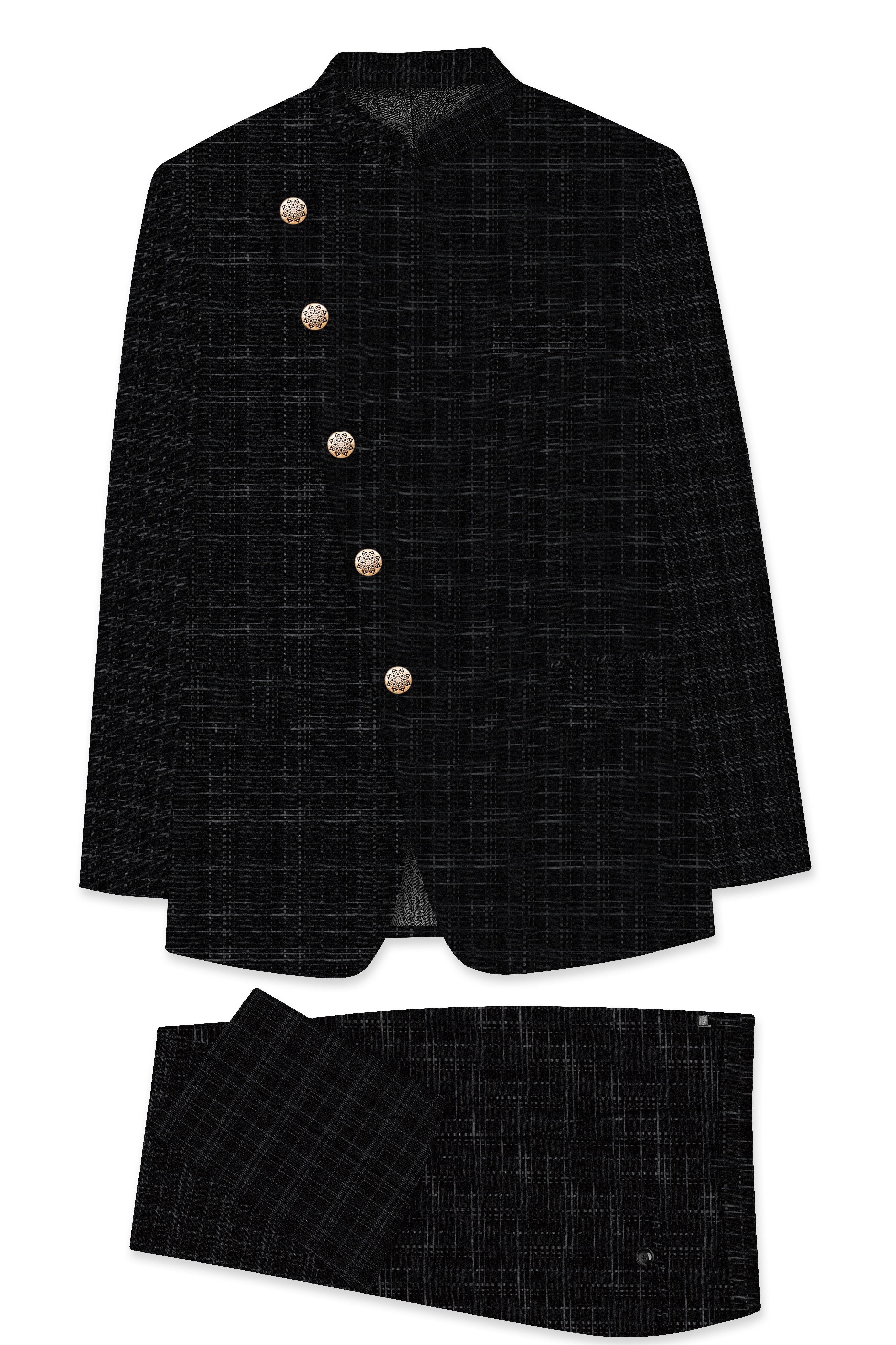 Star Dust and Shark Grey Plaid Cross Placket Bandhgala Wool rich Suit