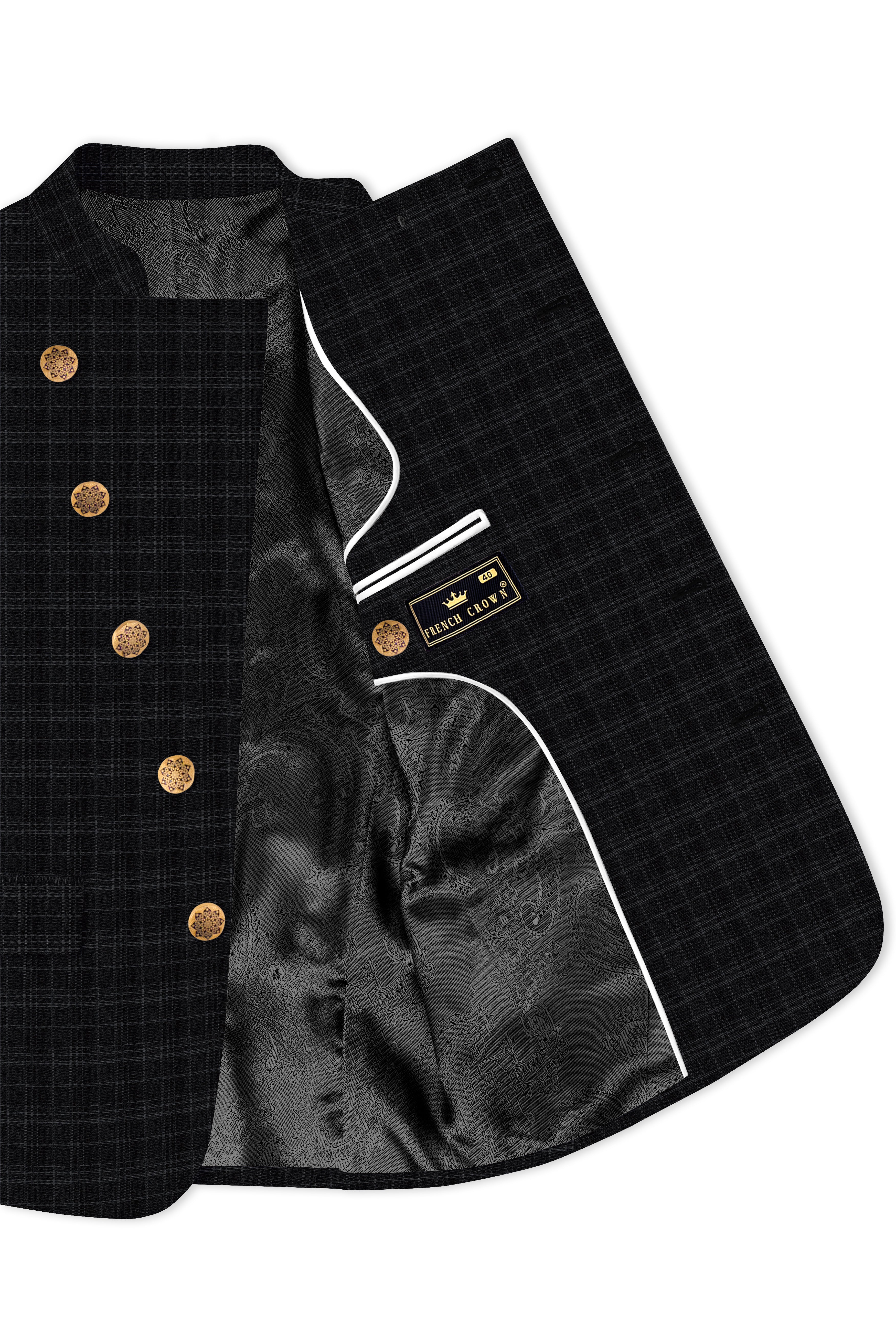 Star Dust and Shark Grey Plaid Cross Placket Bandhgala Wool rich Suit
