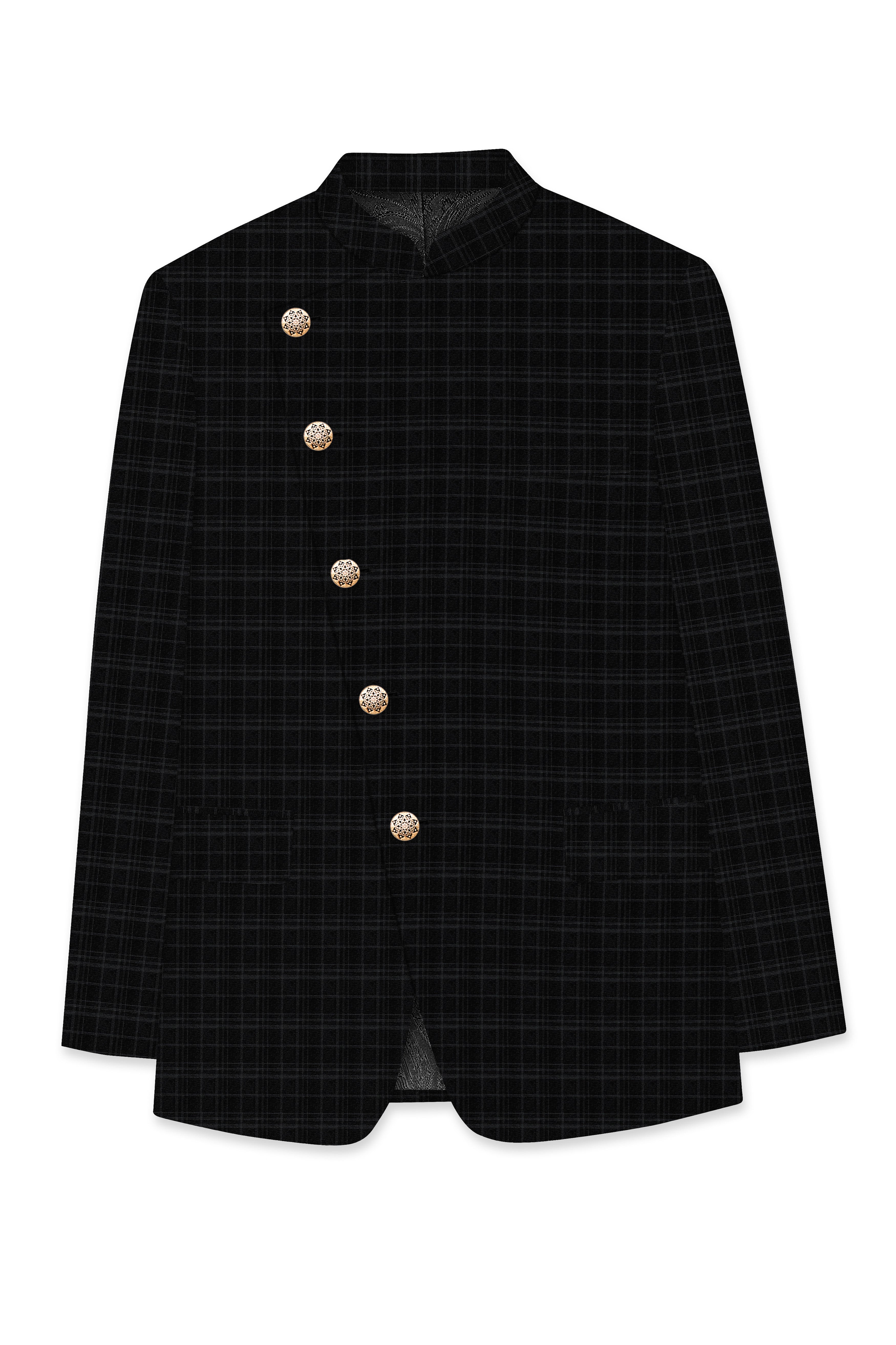 Star Dust and Shark Grey Plaid Cross Placket Bandhgala Wool rich Suit