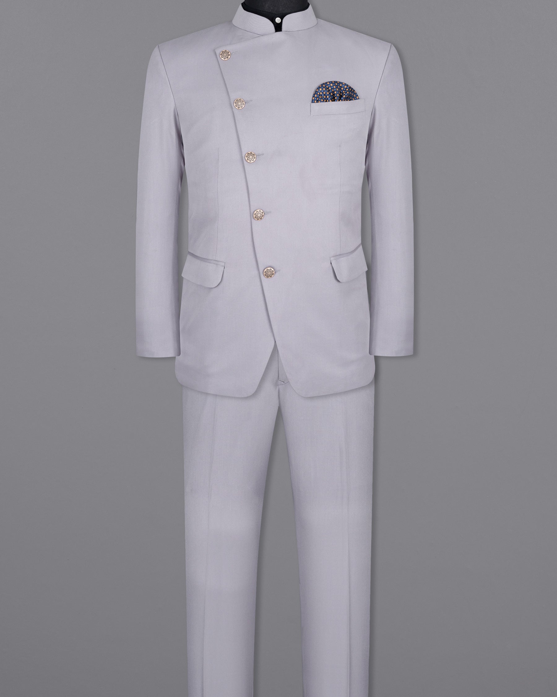 French Gray Cross Placket Bandhgala Wool rich Suit