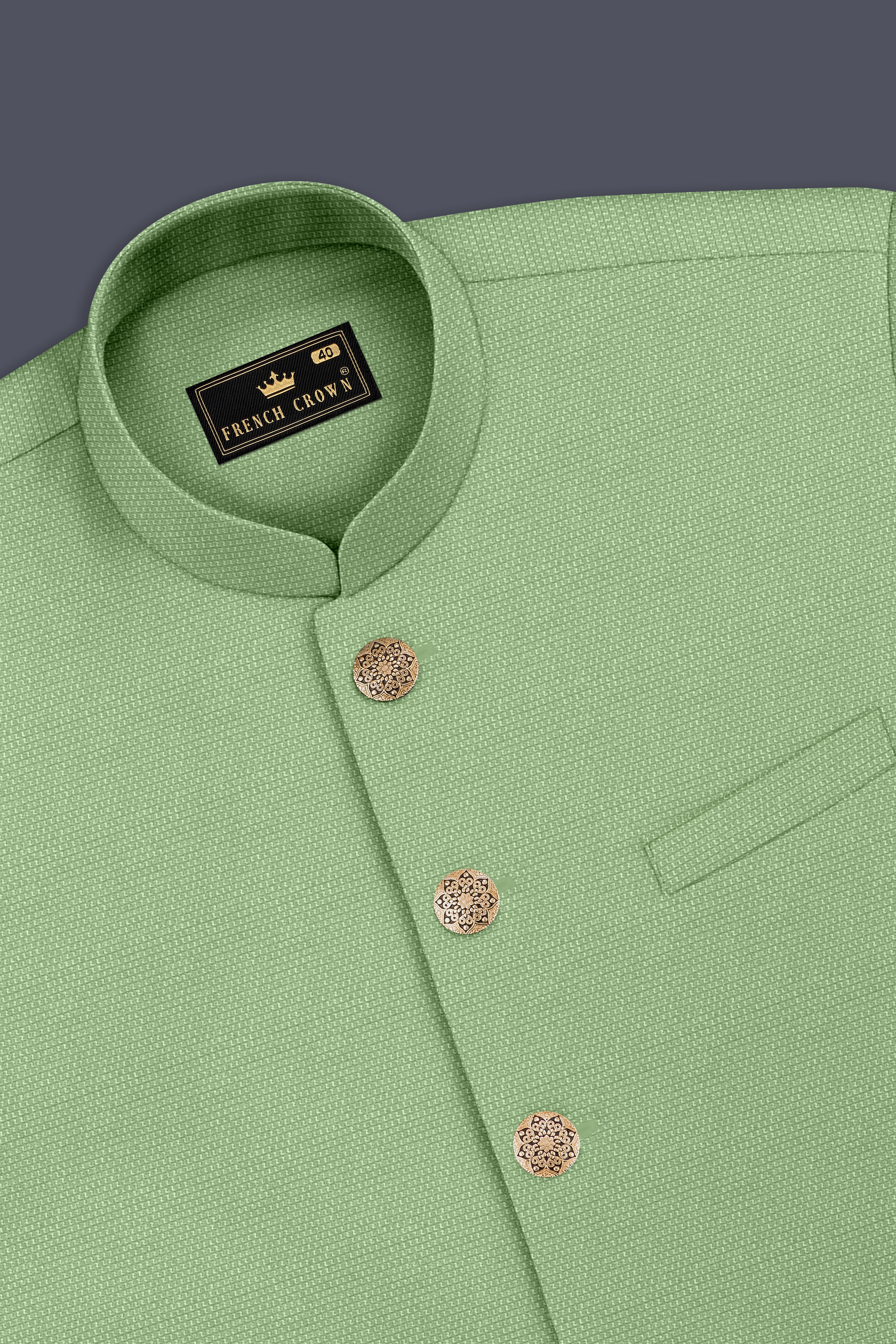 Camouflage Green Cross Placket Bandhgala Wool rich Suit