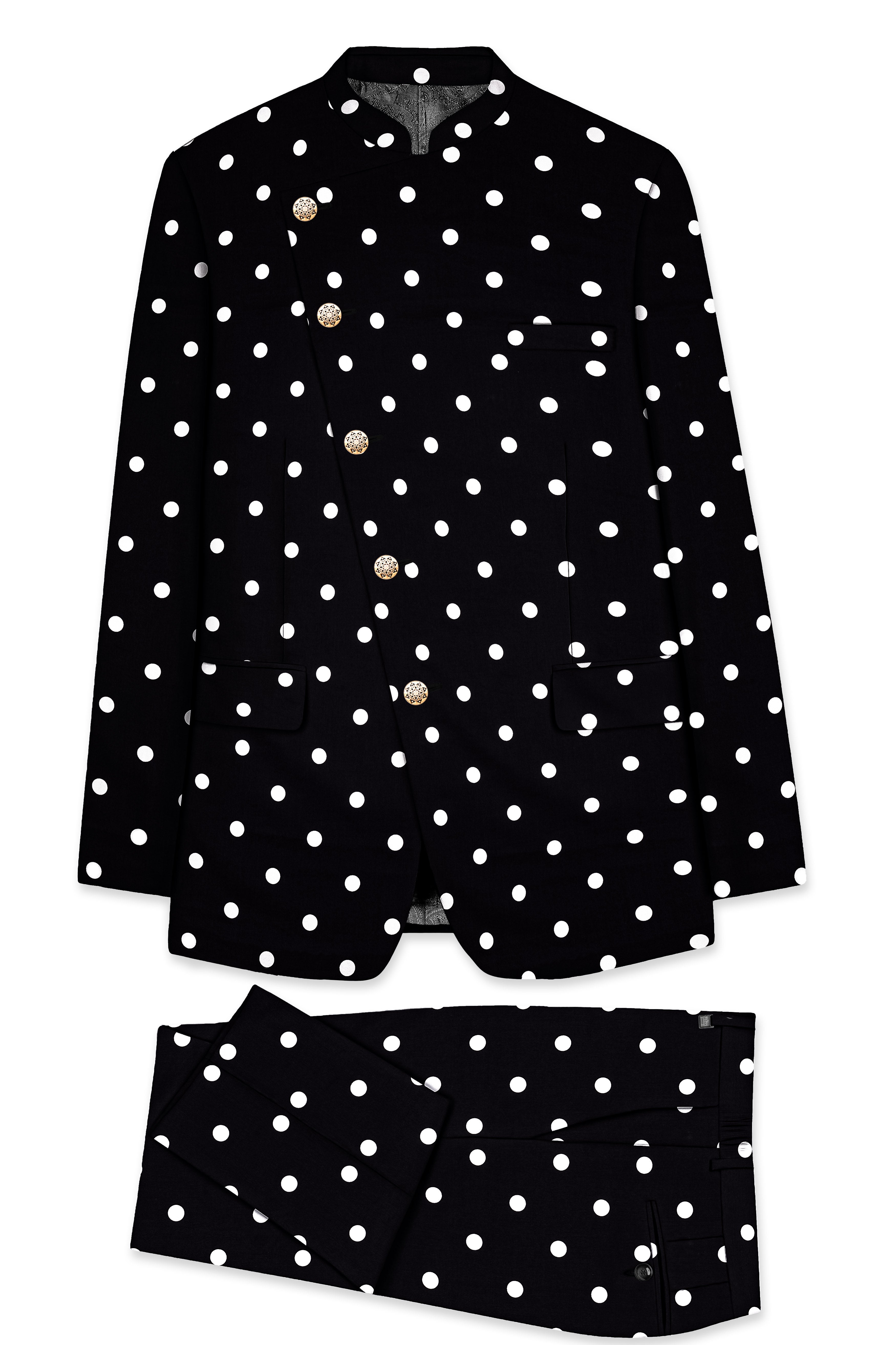 Jade Black Polka Print Cross Placket Bandhgala/Mandarin Suit