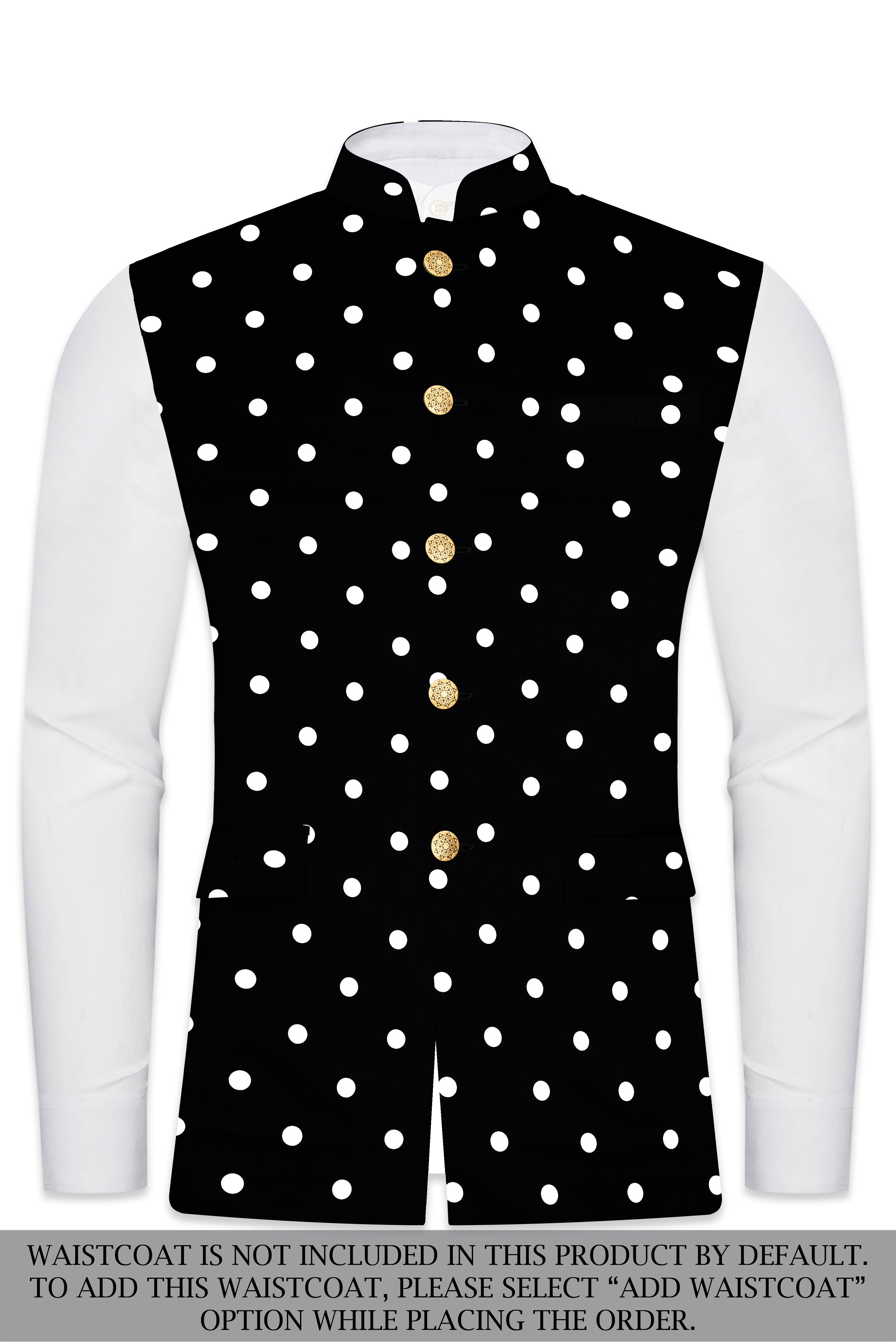 Jade Black Polka Print Cross Placket Bandhgala/Mandarin Suit