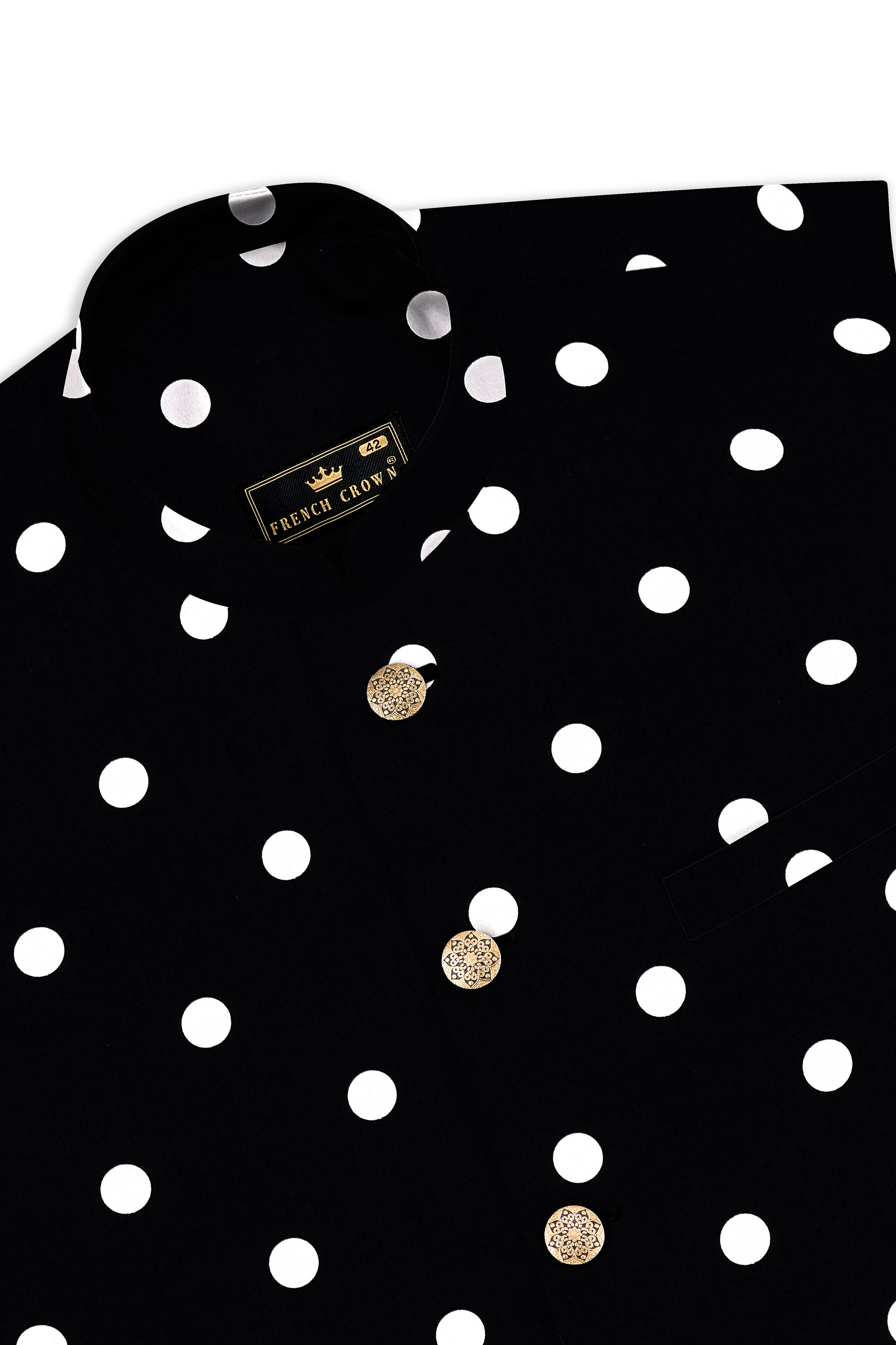 Jade Black Polka Print Cross Placket Bandhgala/Mandarin Suit