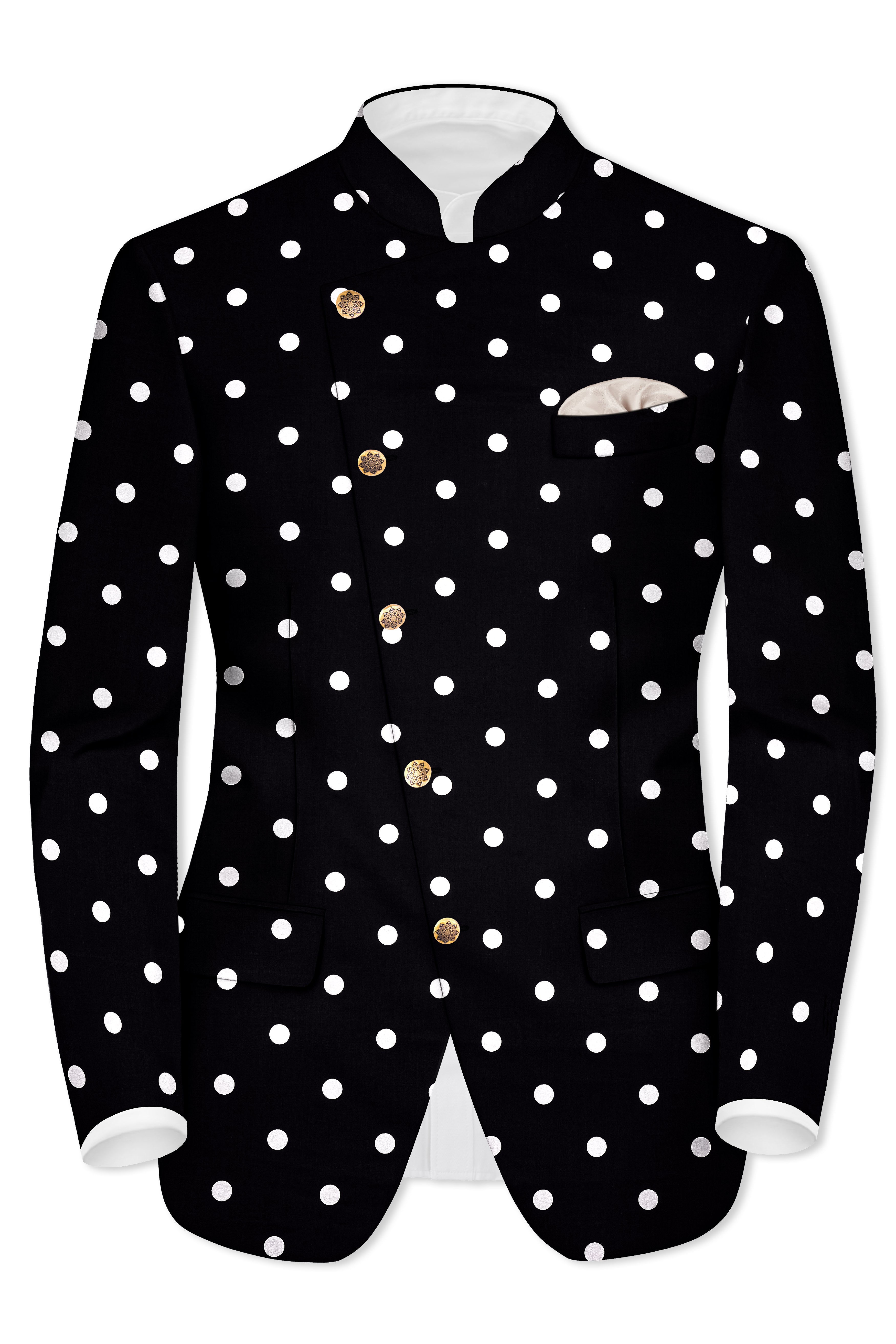 Jade Black Polka Print Cross Placket Bandhgala/Mandarin Suit