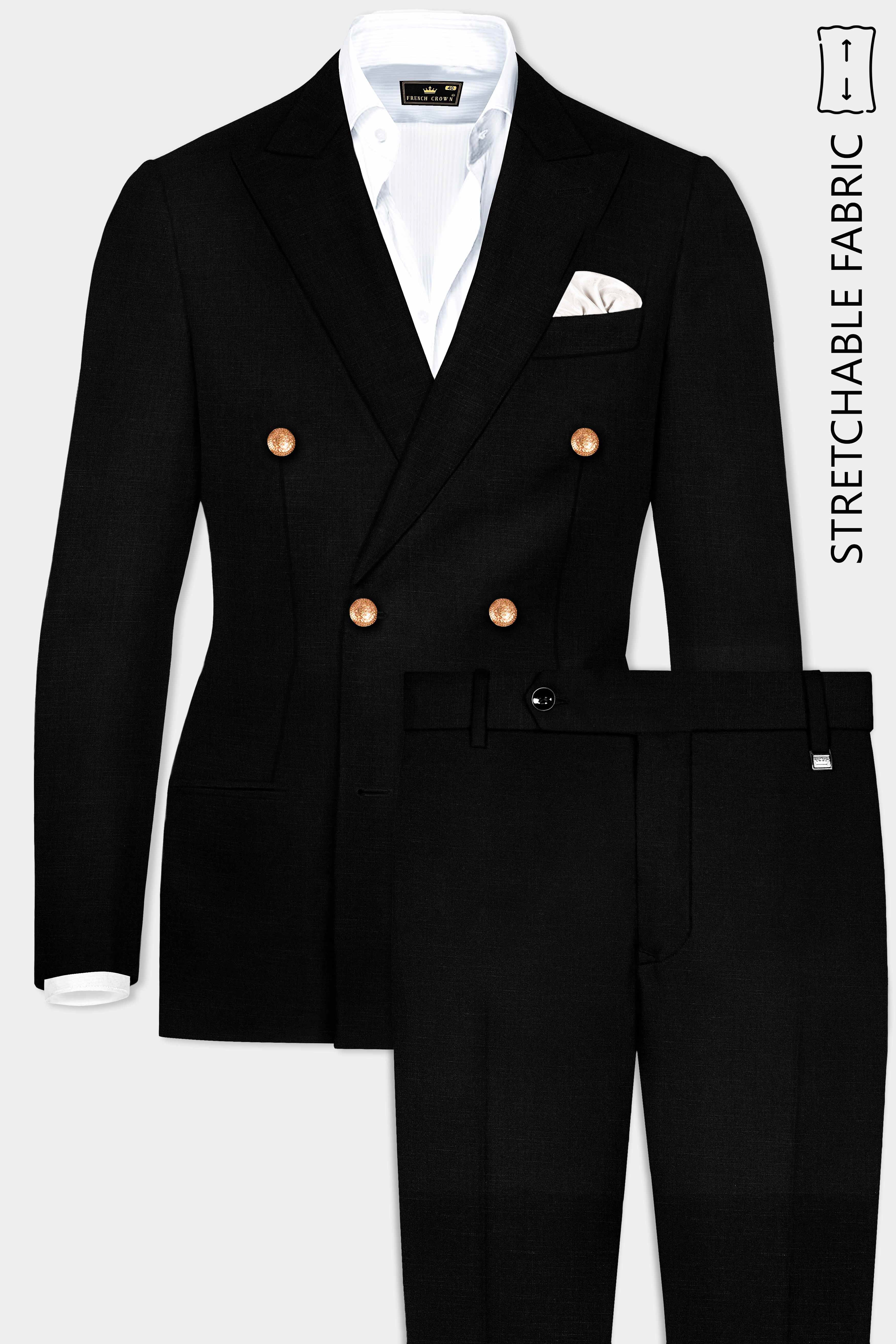 Jade Black Stretchable Subtle Sheen Golden Buttons Double-Breasted Wool Rich Suit