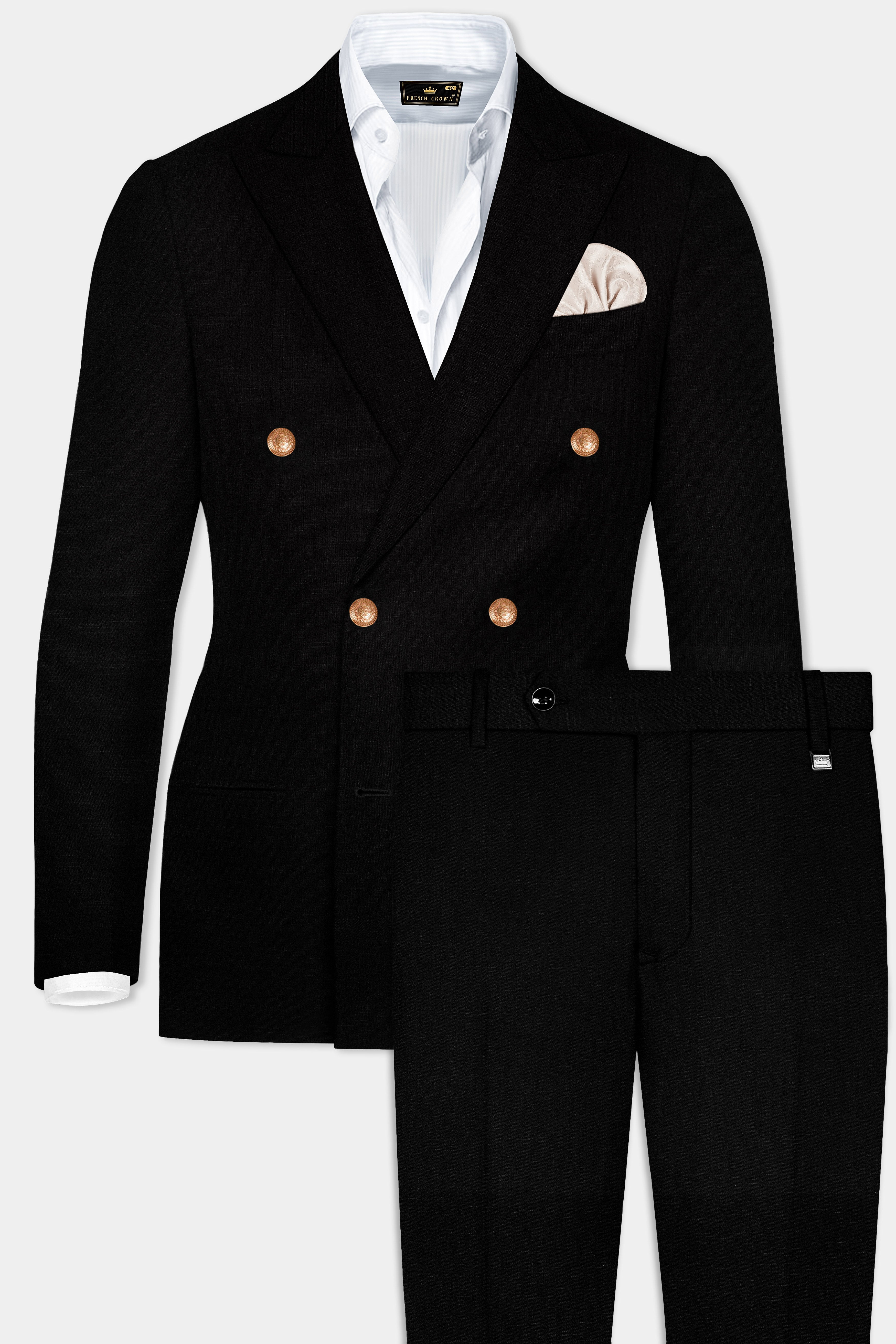 Jade Black Stretchable Subtle Sheen Golden Buttons Double-Breasted Wool Rich Suit