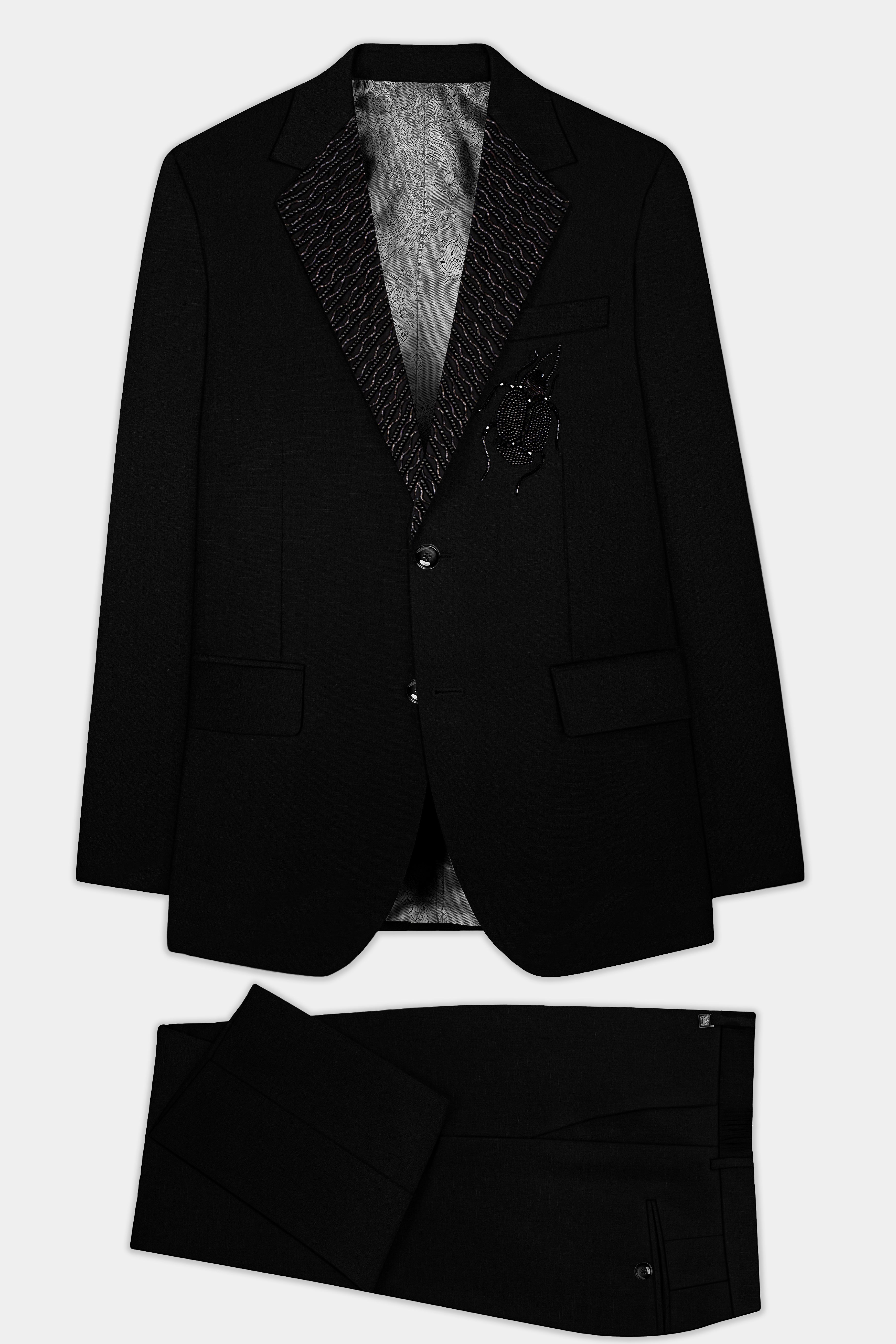 Jade Black Stretchable Subtle Sheen Ladybird Patterned Wool Rich Tuxedo Suit