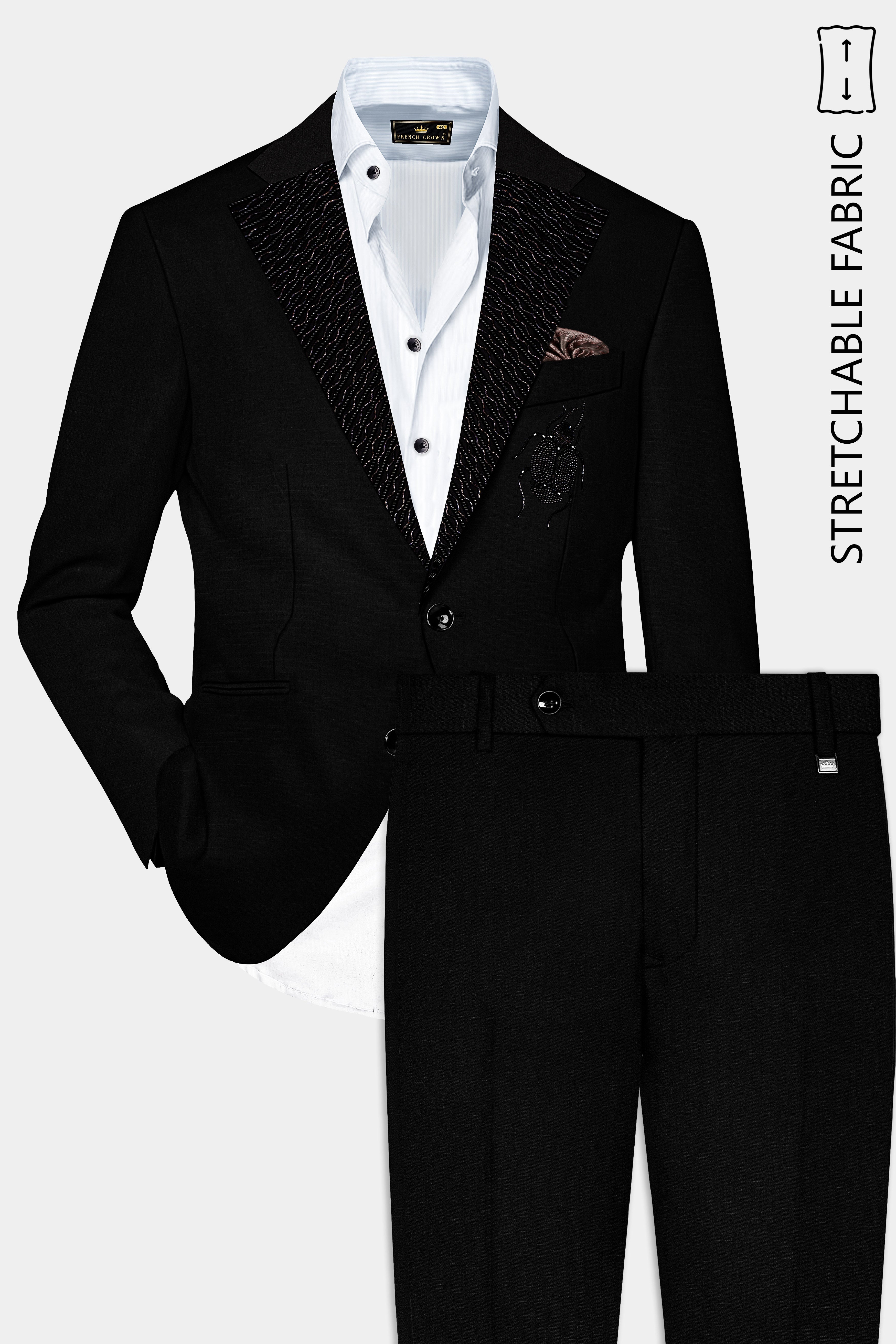 Jade Black Stretchable Subtle Sheen Ladybird Patterned Wool Rich Tuxedo Suit