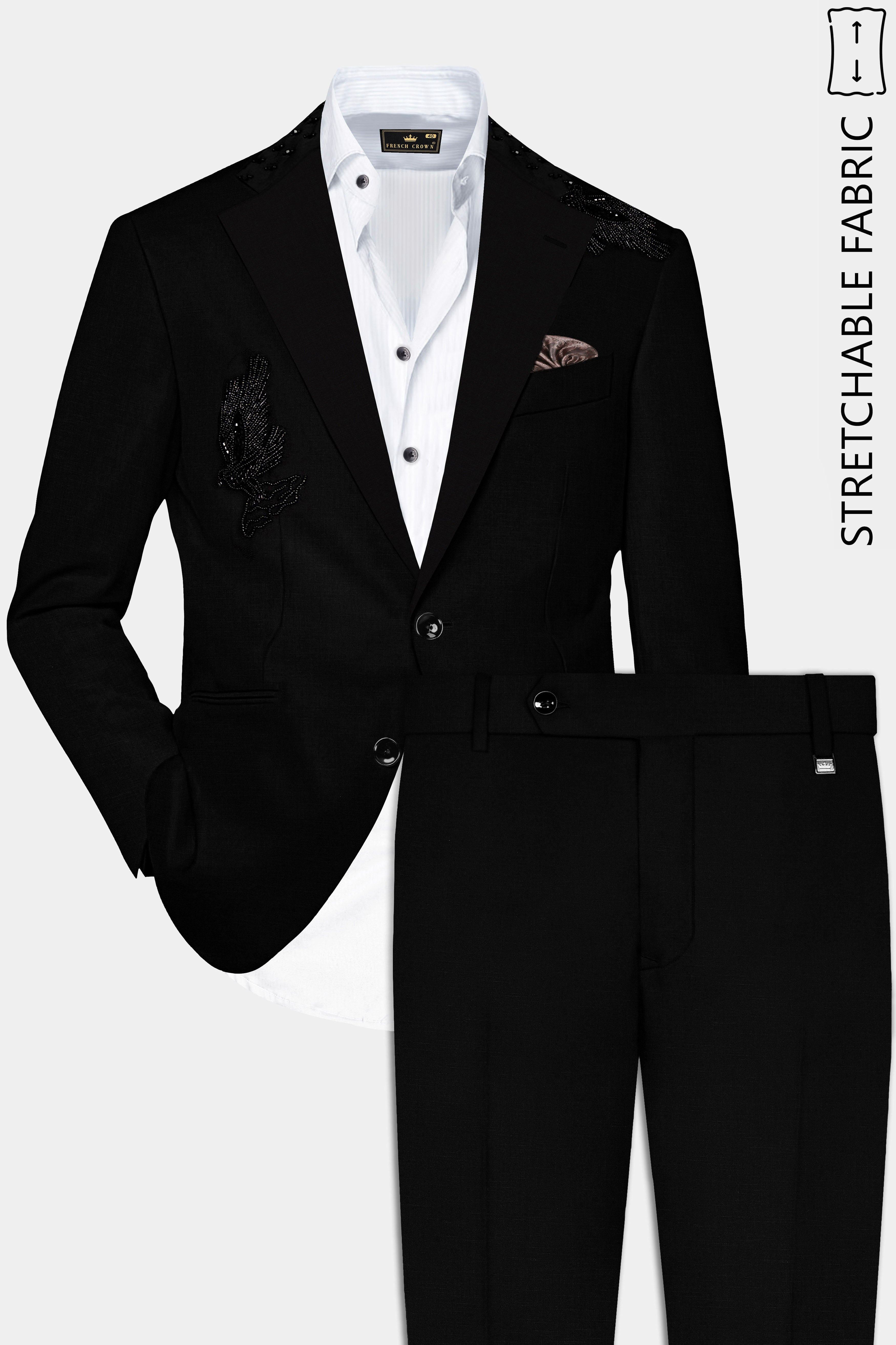 Jade Black Stretchable Subtle Sheen Pigeon Patterned Wool Rich Tuxedo Suit