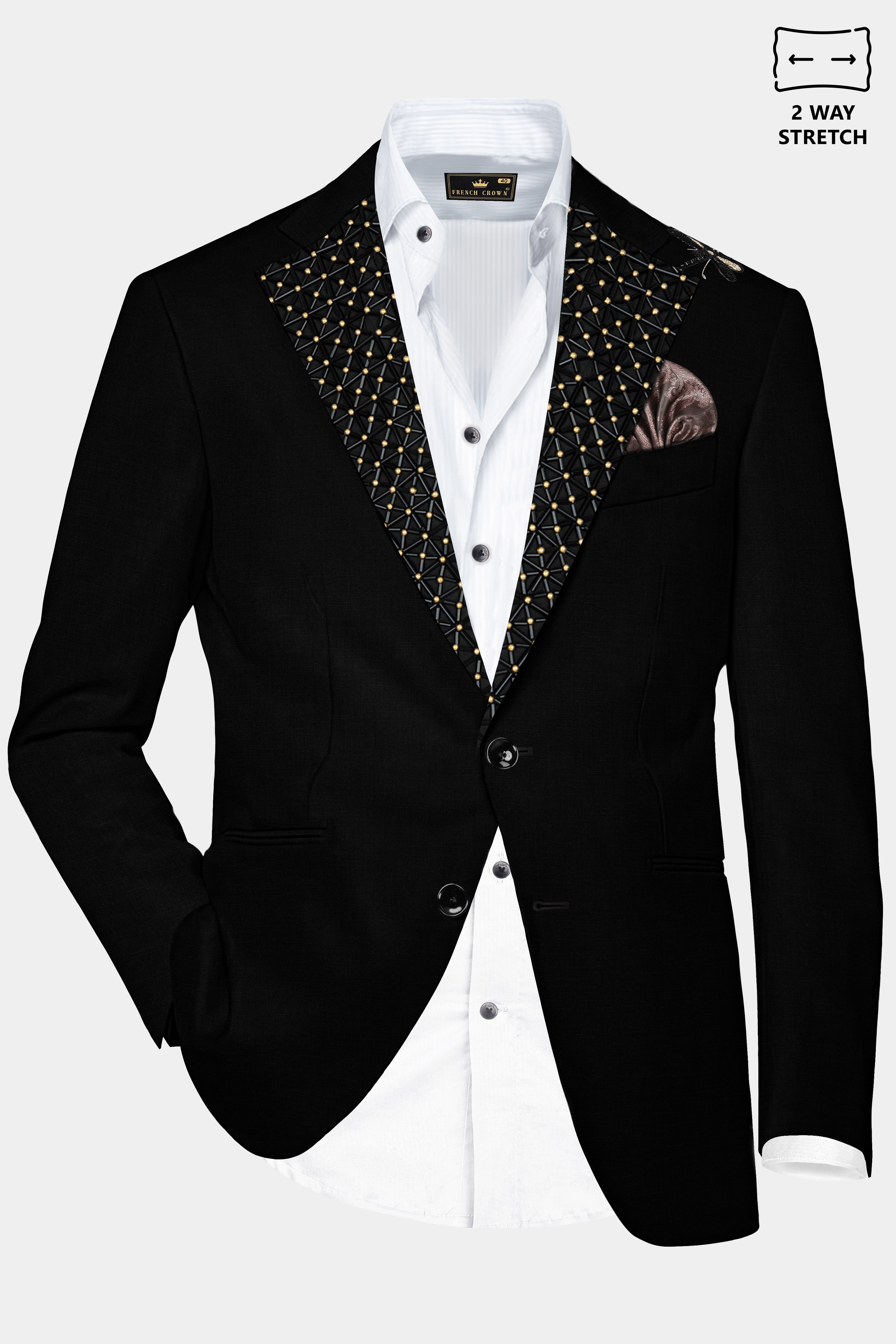 Jade Black Stretchable Subtle Sheen Moth Patterned Wool Rich Tuxedo Suit