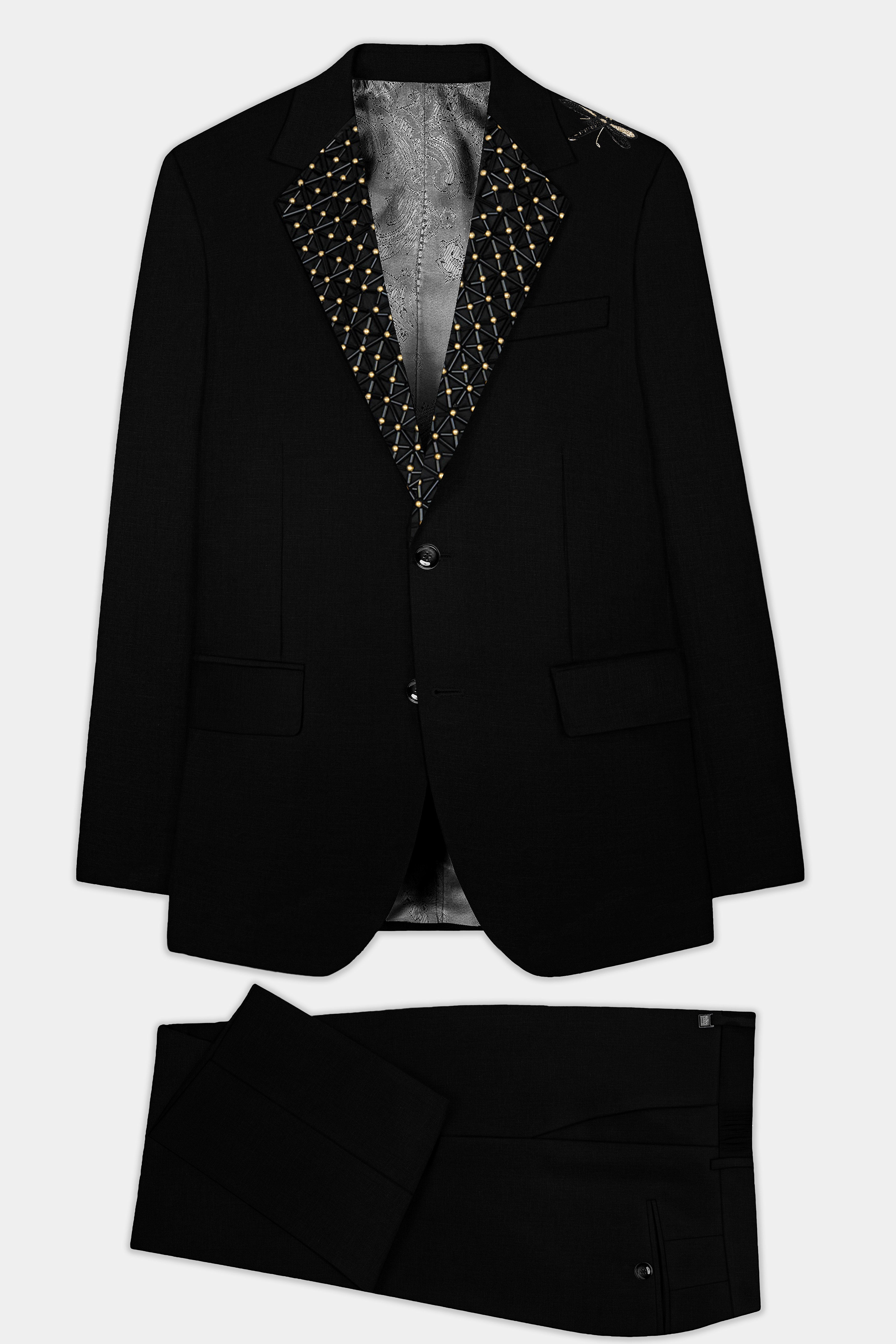 Jade Black Stretchable Subtle Sheen Moth Patterned Wool Rich Tuxedo Suit