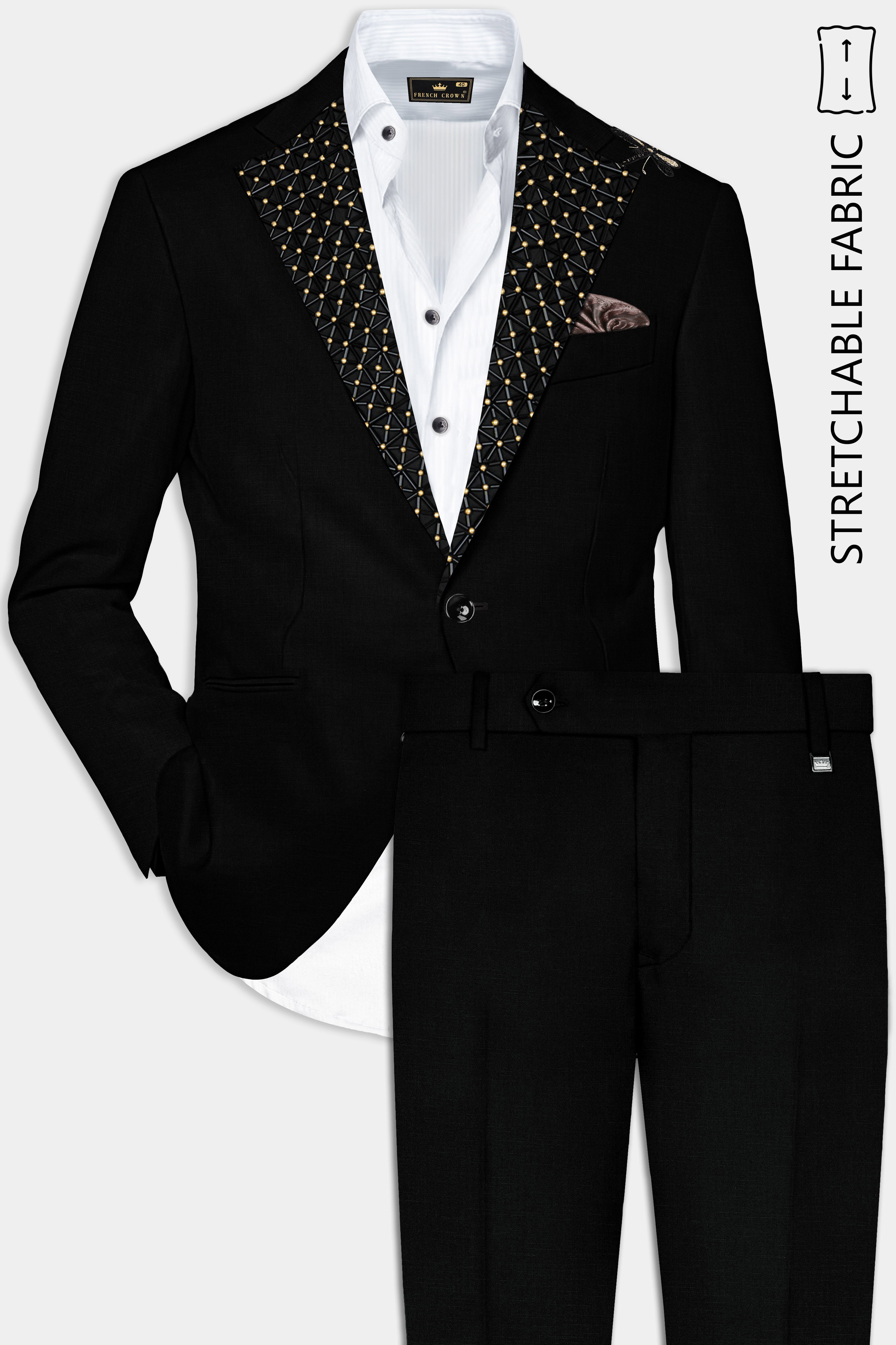 Jade Black Stretchable Subtle Sheen Moth Patterned Wool Rich Tuxedo Suit