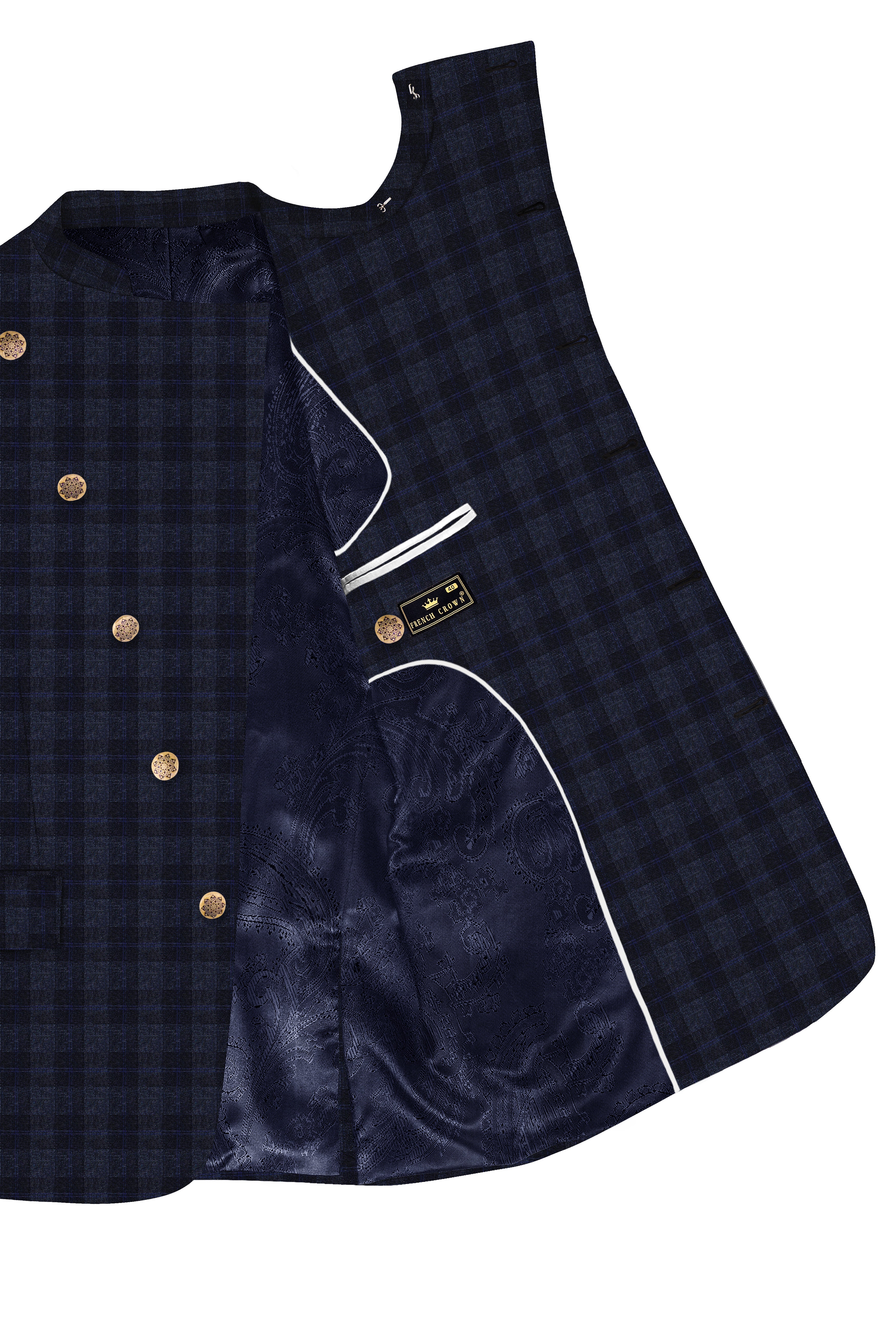 Bastille Grey Plaid Wool Rich Cross Placket Bandhgala Suit