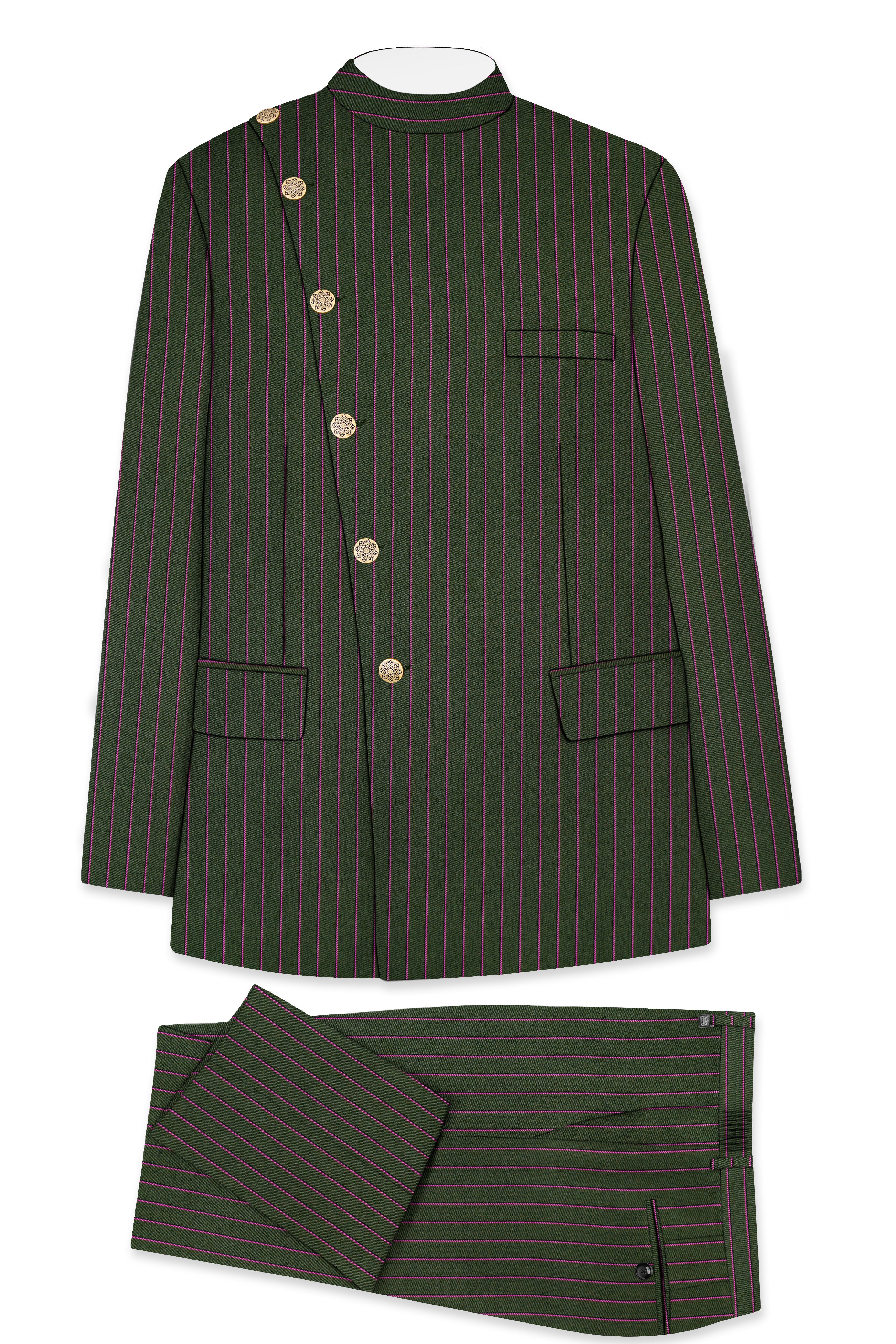 Kelp Green Woolrich Striped Cross Placket Bandhgala Suit