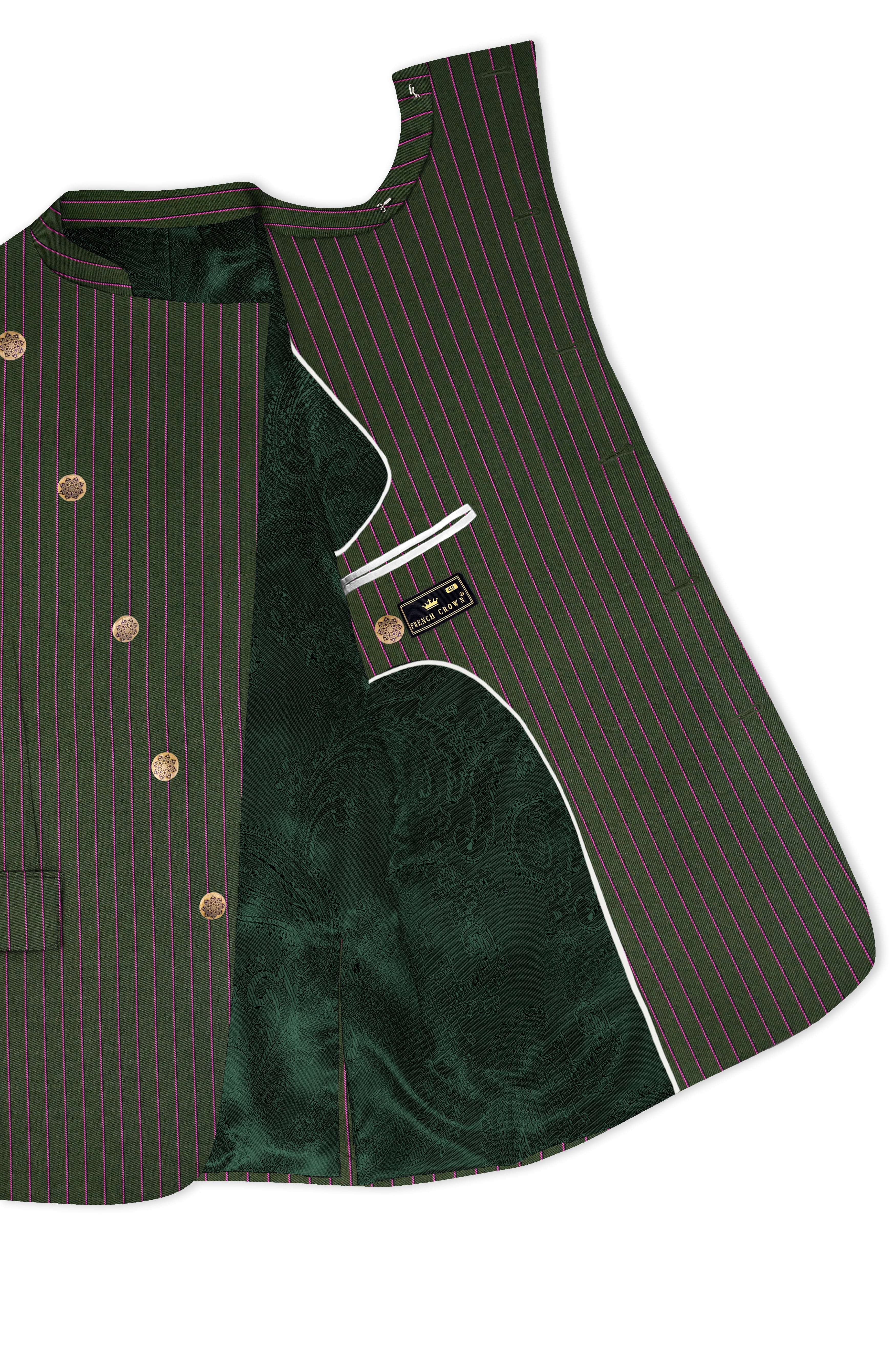 Kelp Green Woolrich Striped Cross Placket Bandhgala Suit