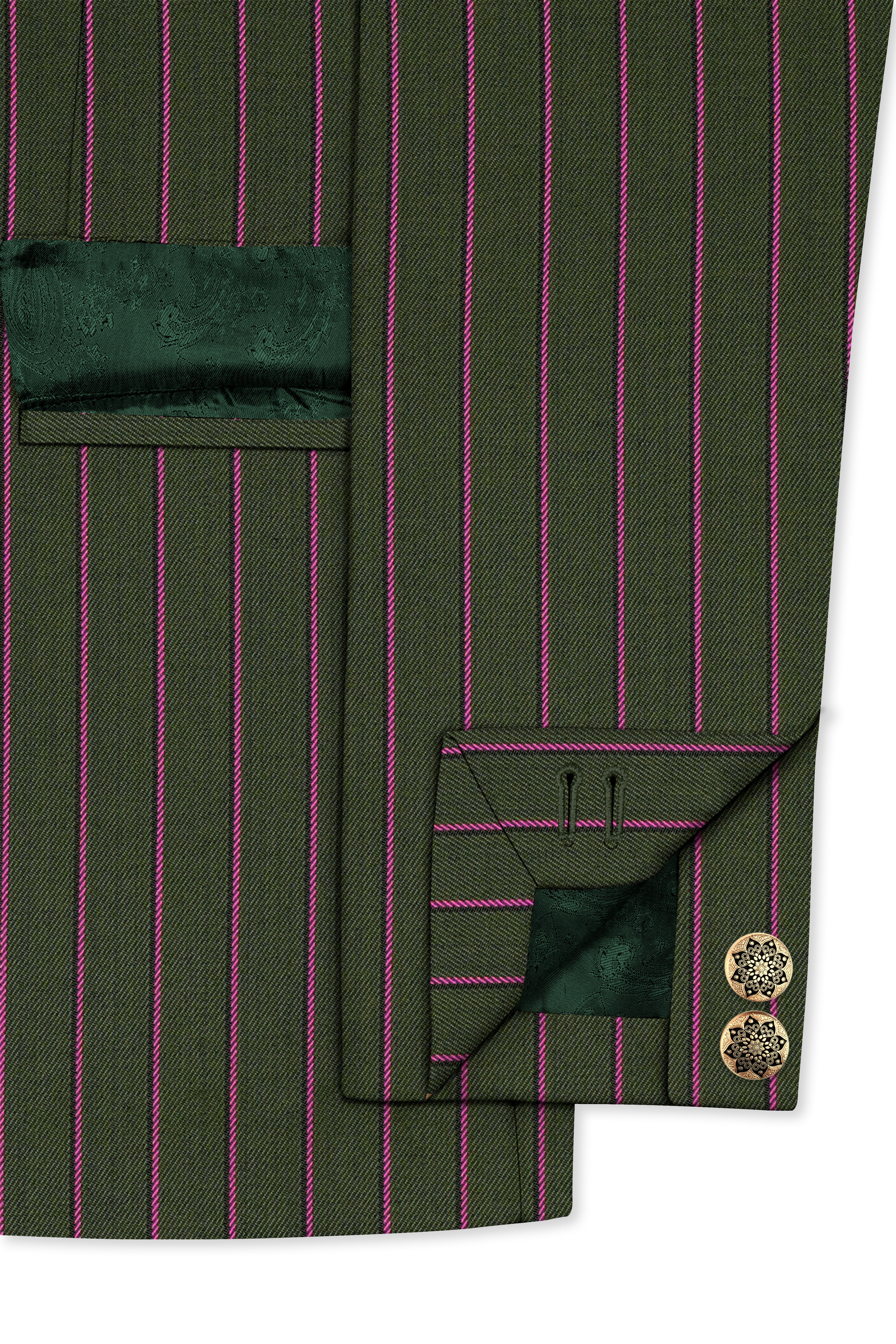 Kelp Green Woolrich Striped Cross Placket Bandhgala Suit