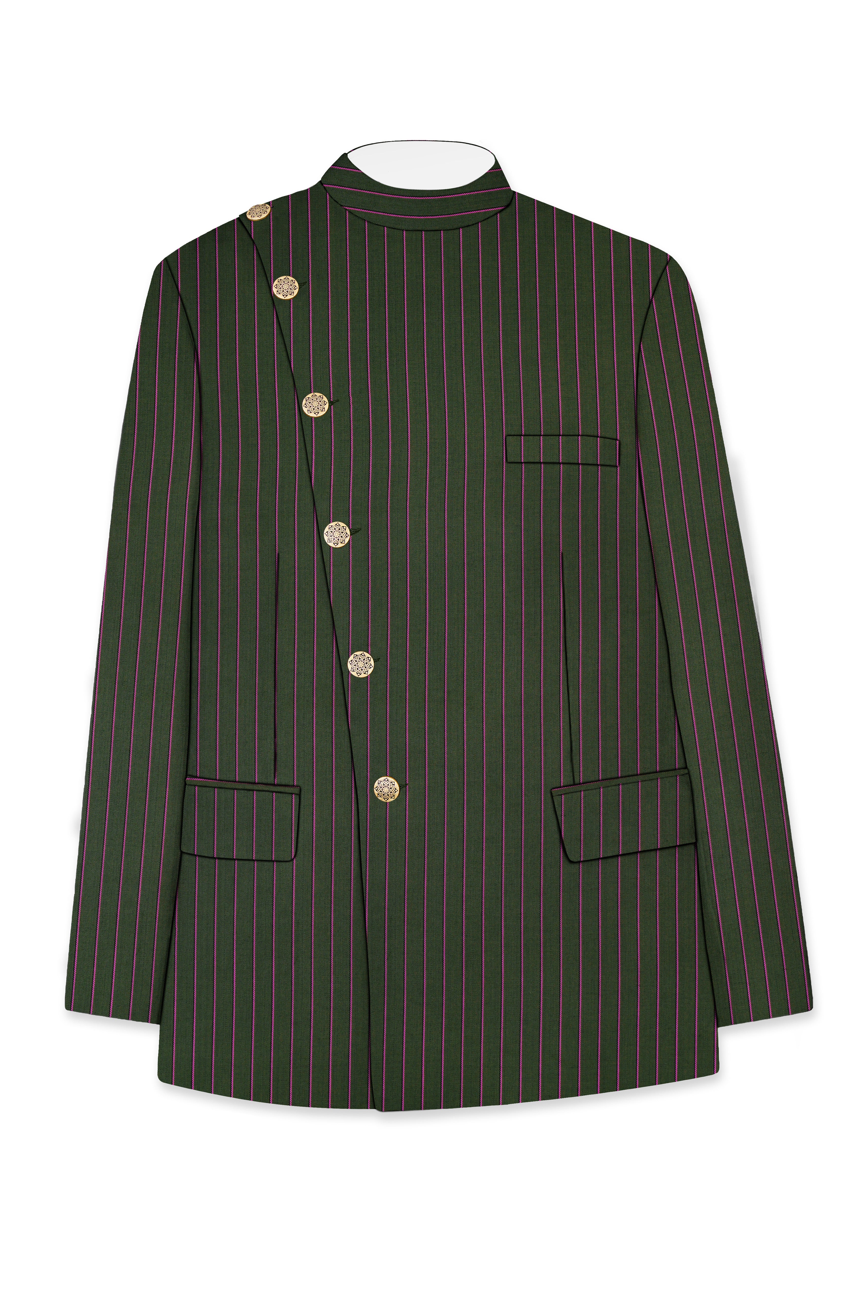 Kelp Green Woolrich Striped Cross Placket Bandhgala Suit