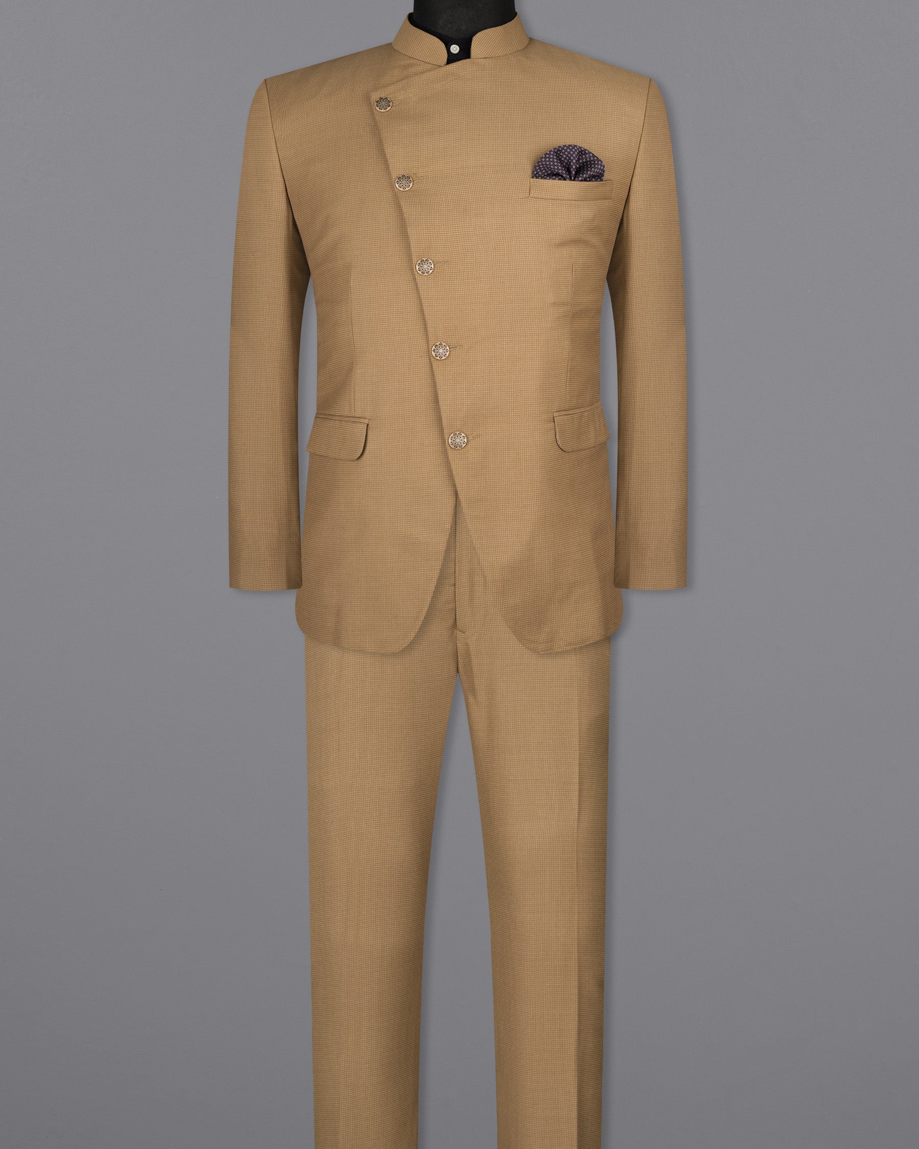 Oak Brown Cross Placket Bandhgala Premium Cotton Suit