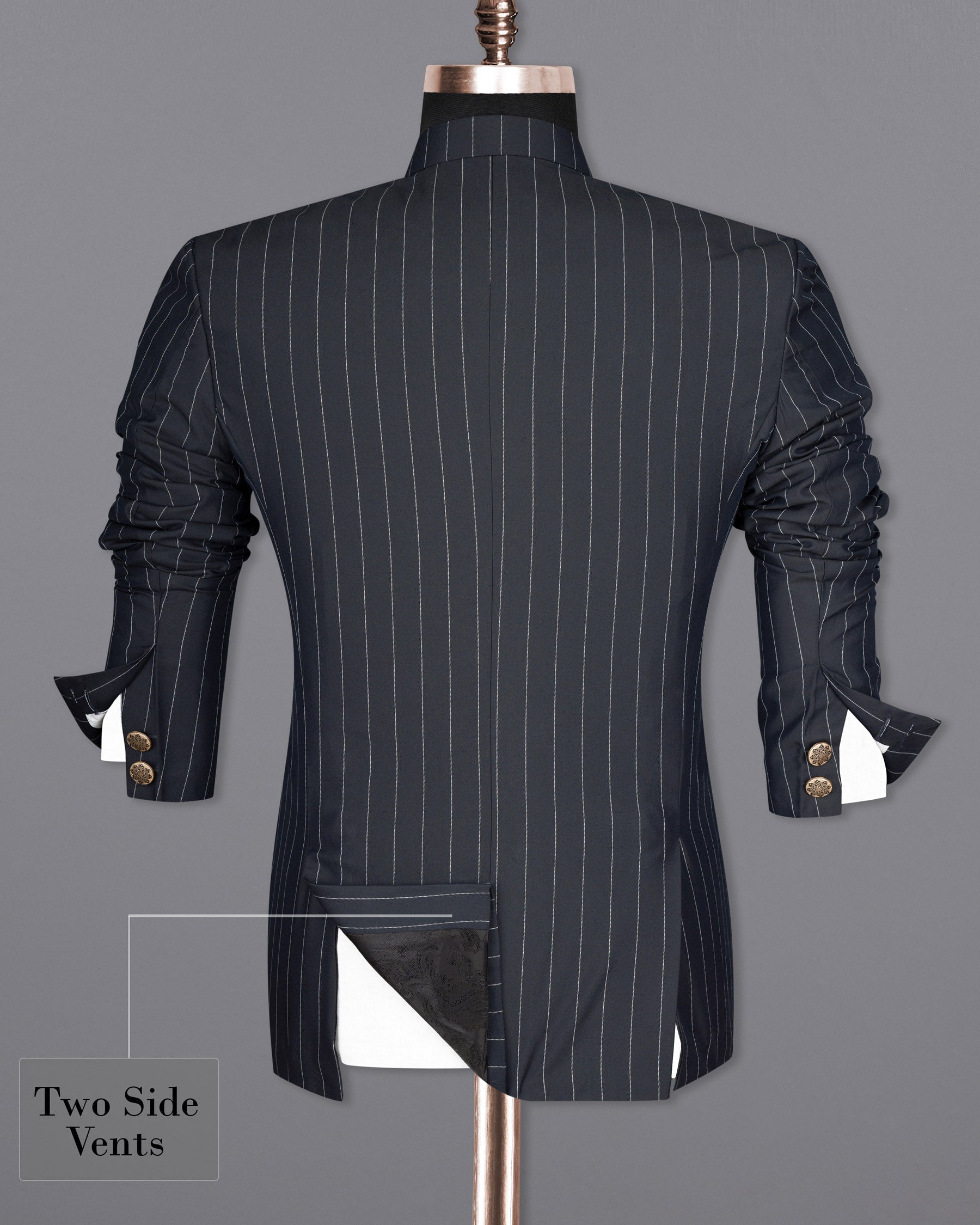 Charcoal Striped Cross Placket Wool Rich Bandhgala Suit