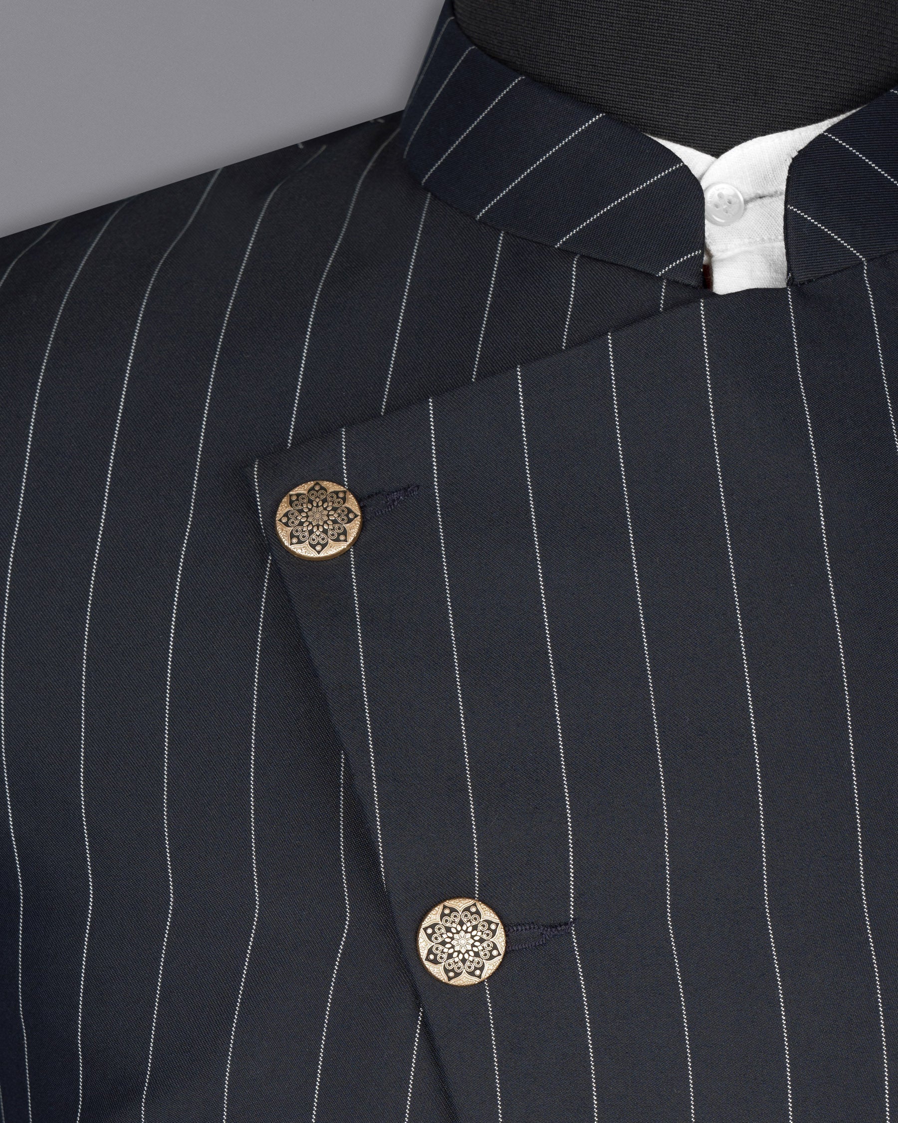 Charcoal Striped Cross Placket Wool Rich Bandhgala Suit