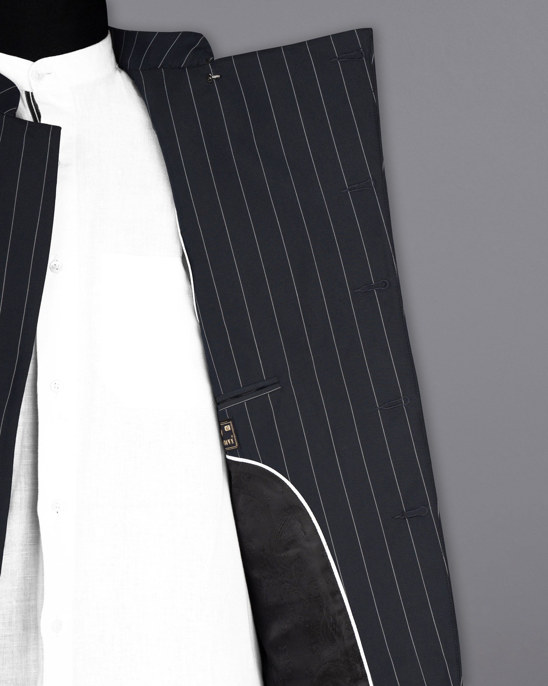 Charcoal Striped Cross Placket Wool Rich Bandhgala Suit