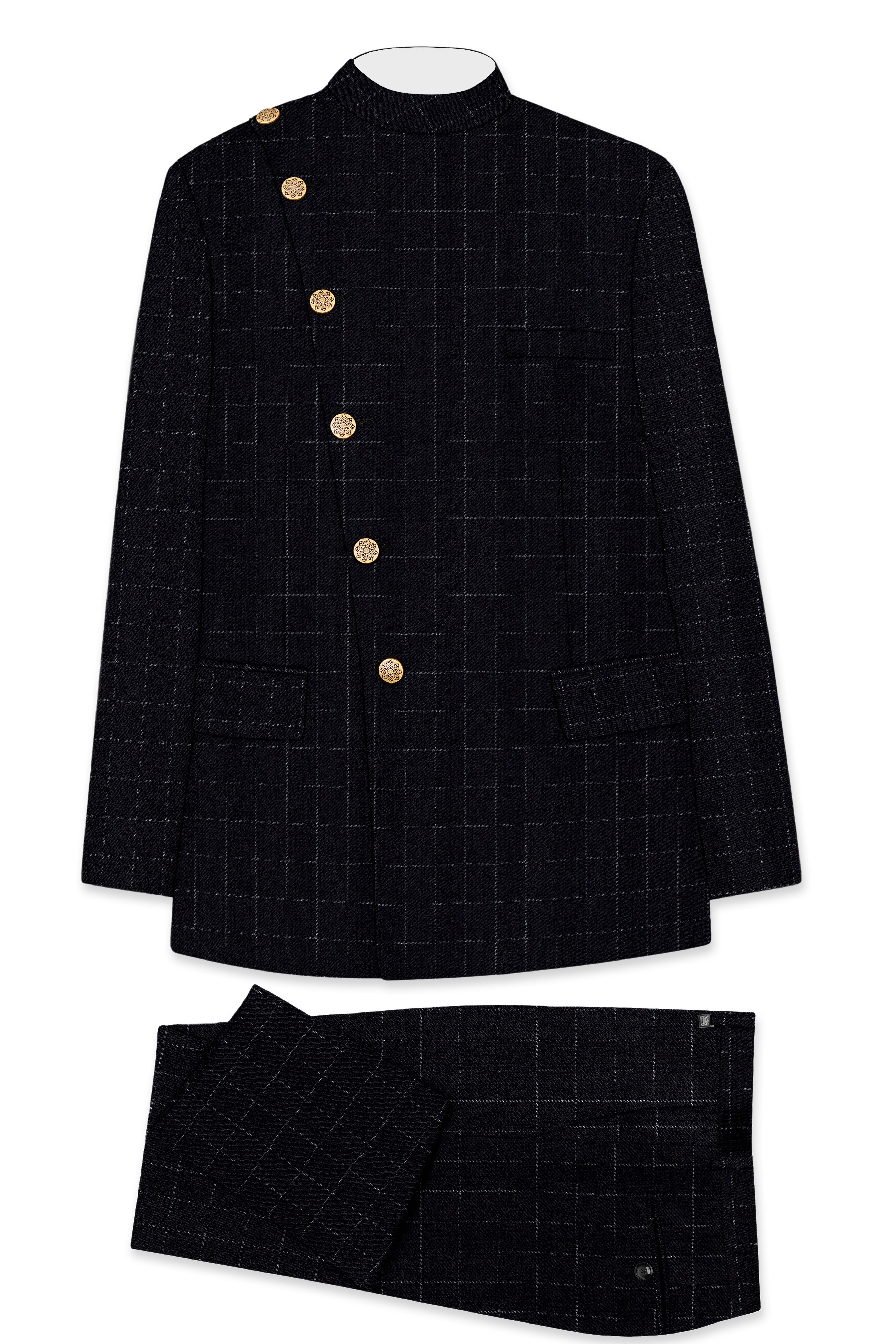 Log Cabin Black Super fine  Windowpane Cross Placket Wool Rich Bandhgala Suit
